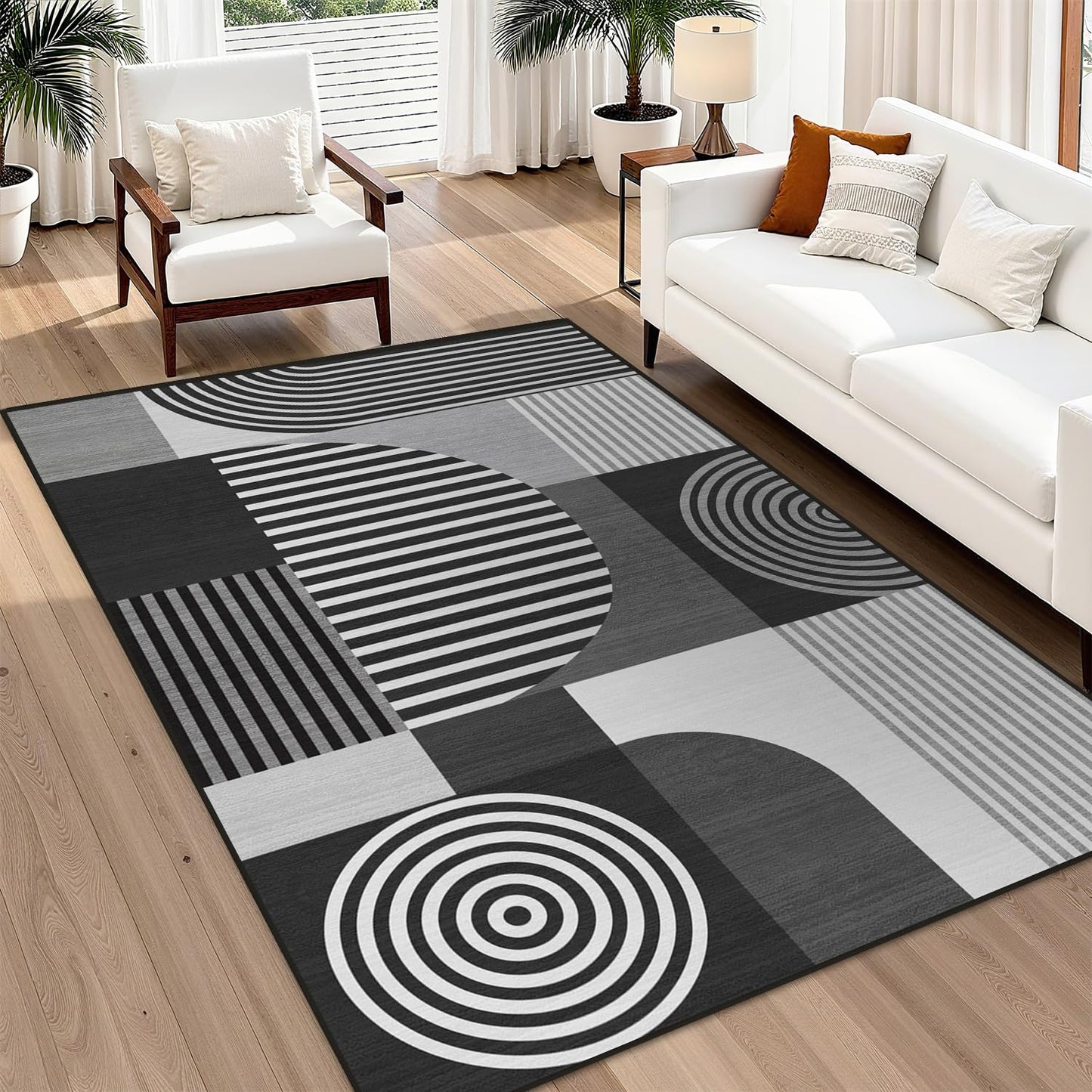 Glocmna Area Rug 5x7 Grey Geometric Rug for Living Room Black White Machine Washable Gray Minimalist Mid Century Modern Rugs Non Slip Low Pile Large Dining Room Indoor Floor Carpet for Bedroom Office