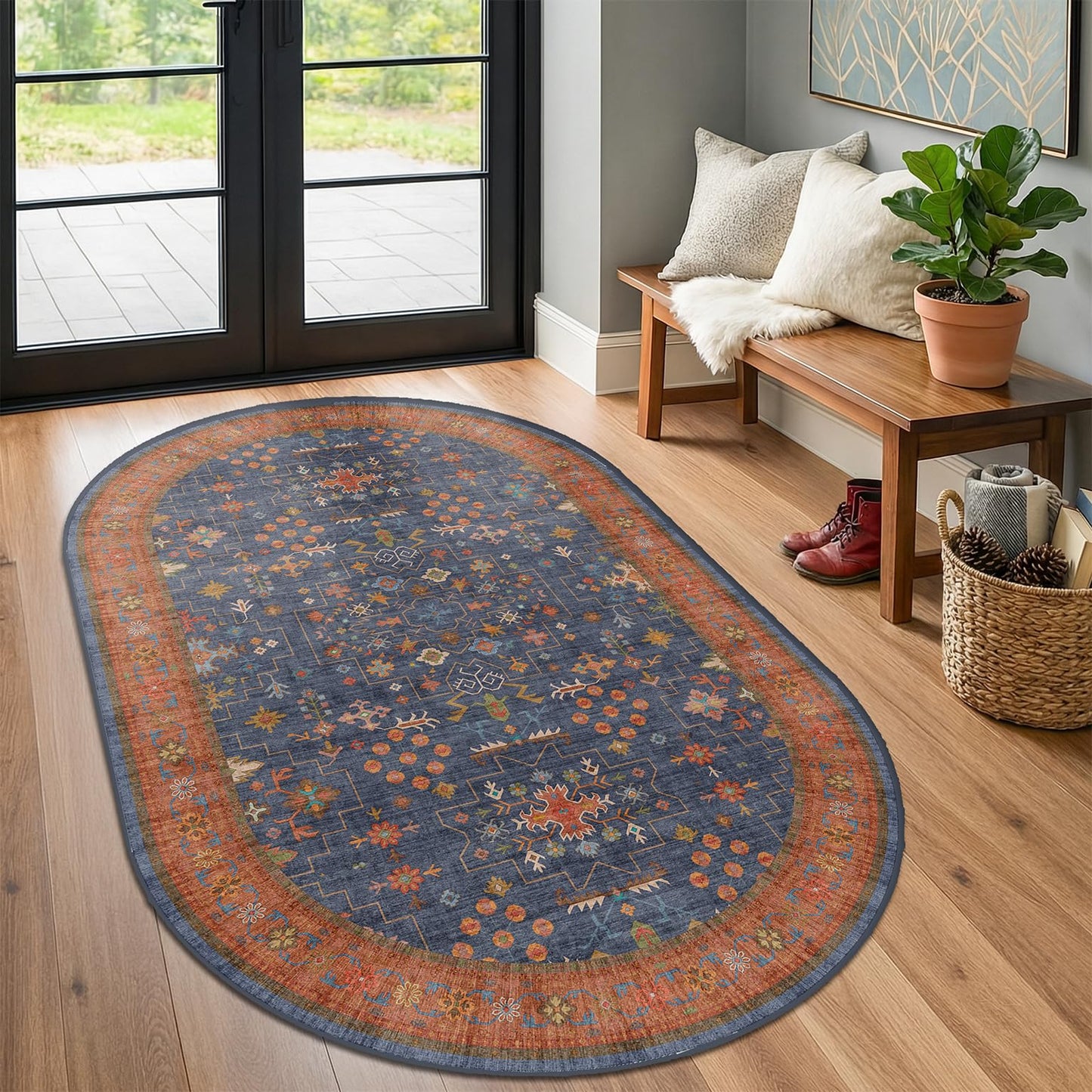 Large Oval Rugs 3x5 for Entryway - Non-Slip Machine Washable, Throw Rugs for Kitchen, Floor Mat, Laundry Room - Stain Resistant Non-Skid Rubber Backing, Tribal Farmhouse Décor (3x5 Navy Blue)