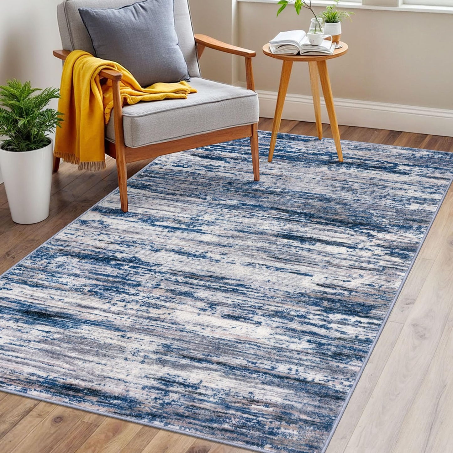 SIILOOM 3x5 Modern Abstract Area Rug for Entryway, Navy Blue Gray Neutral Multi Super Soft Washable Rug with Non-Slip, Low-Pile Door Mat Indoor for Living Room Bedroom, Carpet with Non-Shedding