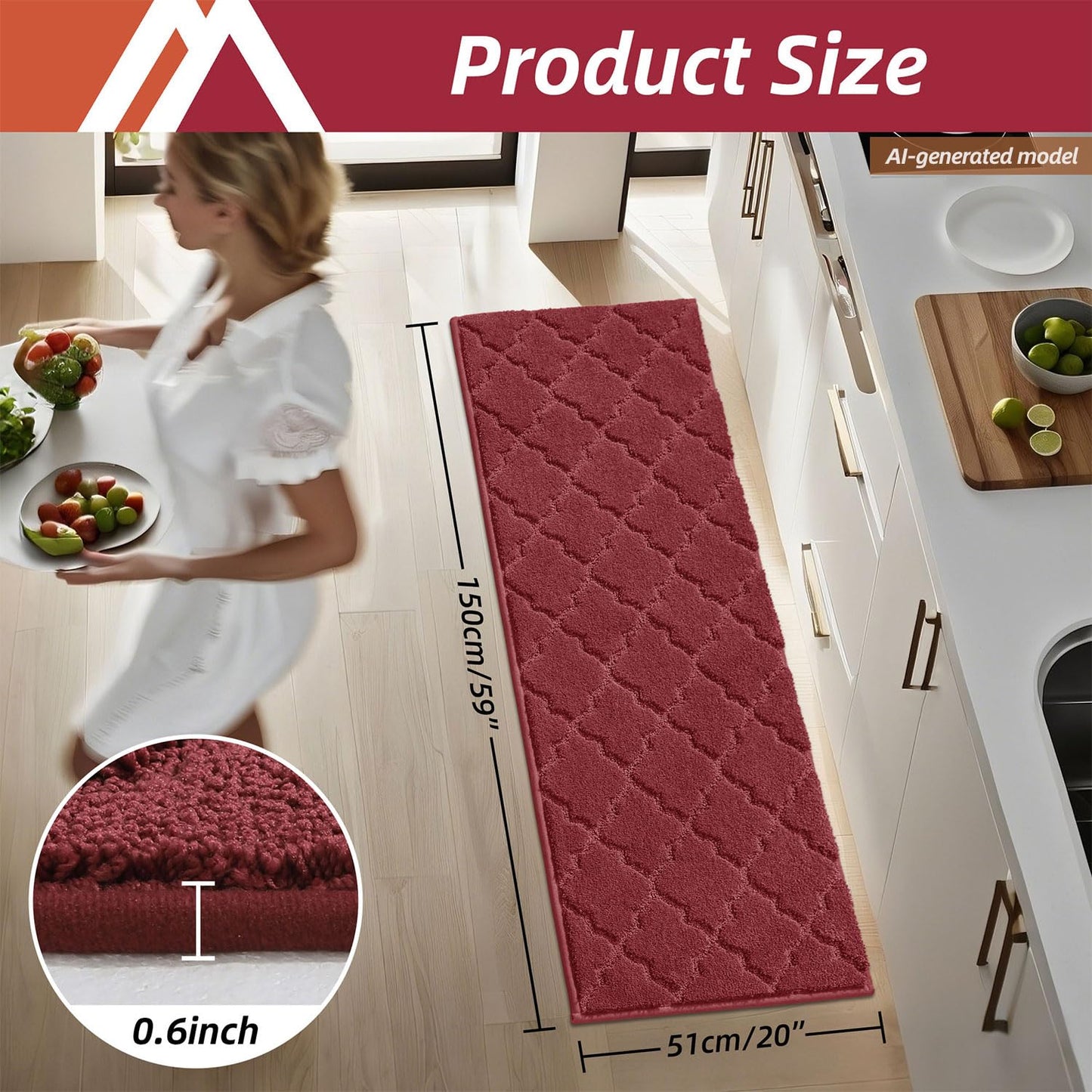 COSY HOMEER Soft Kitchen Floor Mats for in Front of Sink Super Absorbent Rugs and 20"x59" Non-Skid Mat Standing Washable,Polyester,Red