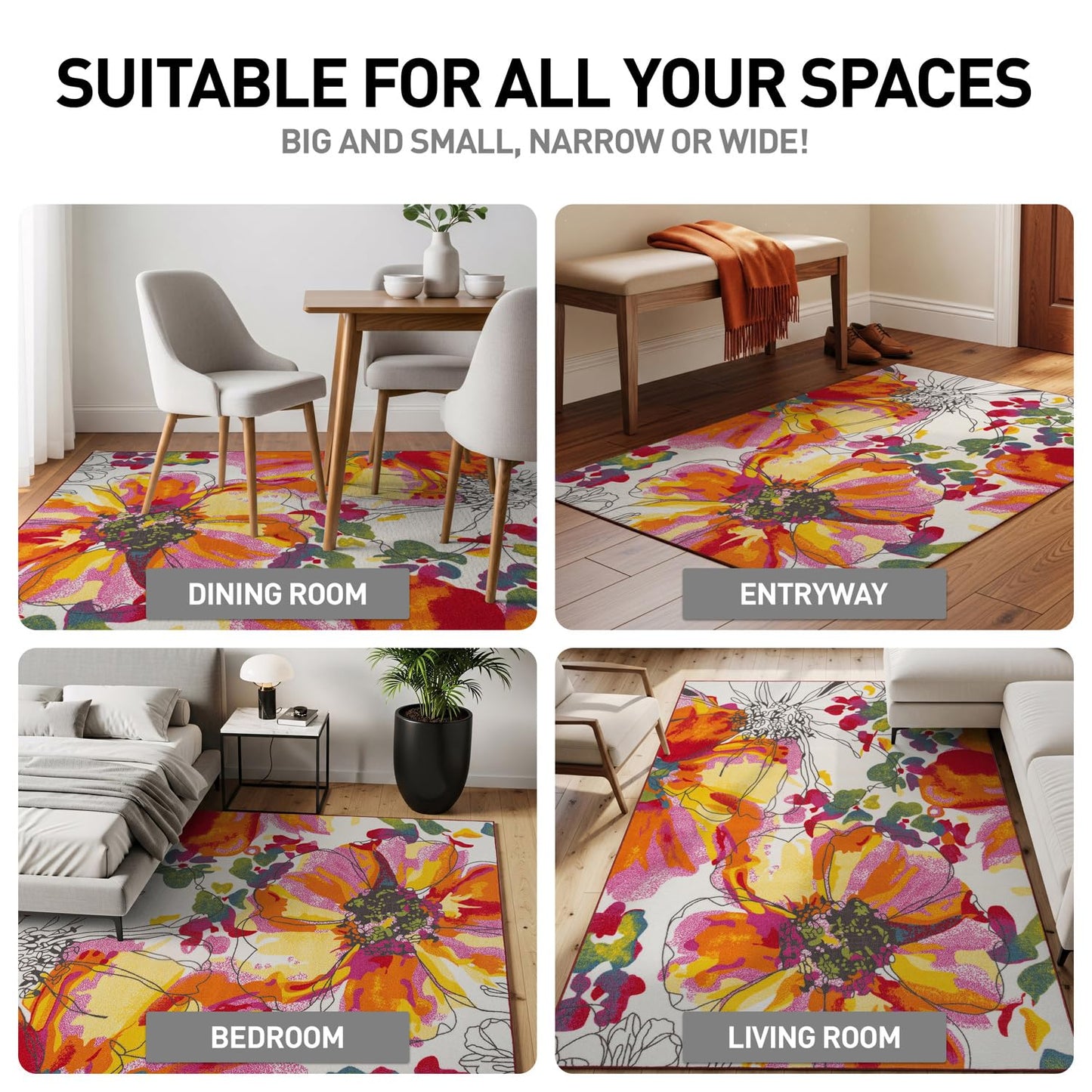 Rugshop Modern Bright Flowers Non-Slip (Non-Skid) Area Rug 5 X 7 (5' 3" X 7' 3") Multi