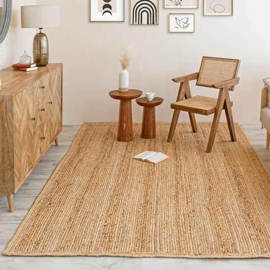 HOMEMONDE Handcrafted Woven Rectangle Jute Area Rug 4'x6' - Rustic Vintage Braided Reversible Farmhouse Indoor Floor Rug - Eco Friendly for Kitchen/Hallway/Living Room/Bedroom (Natural)