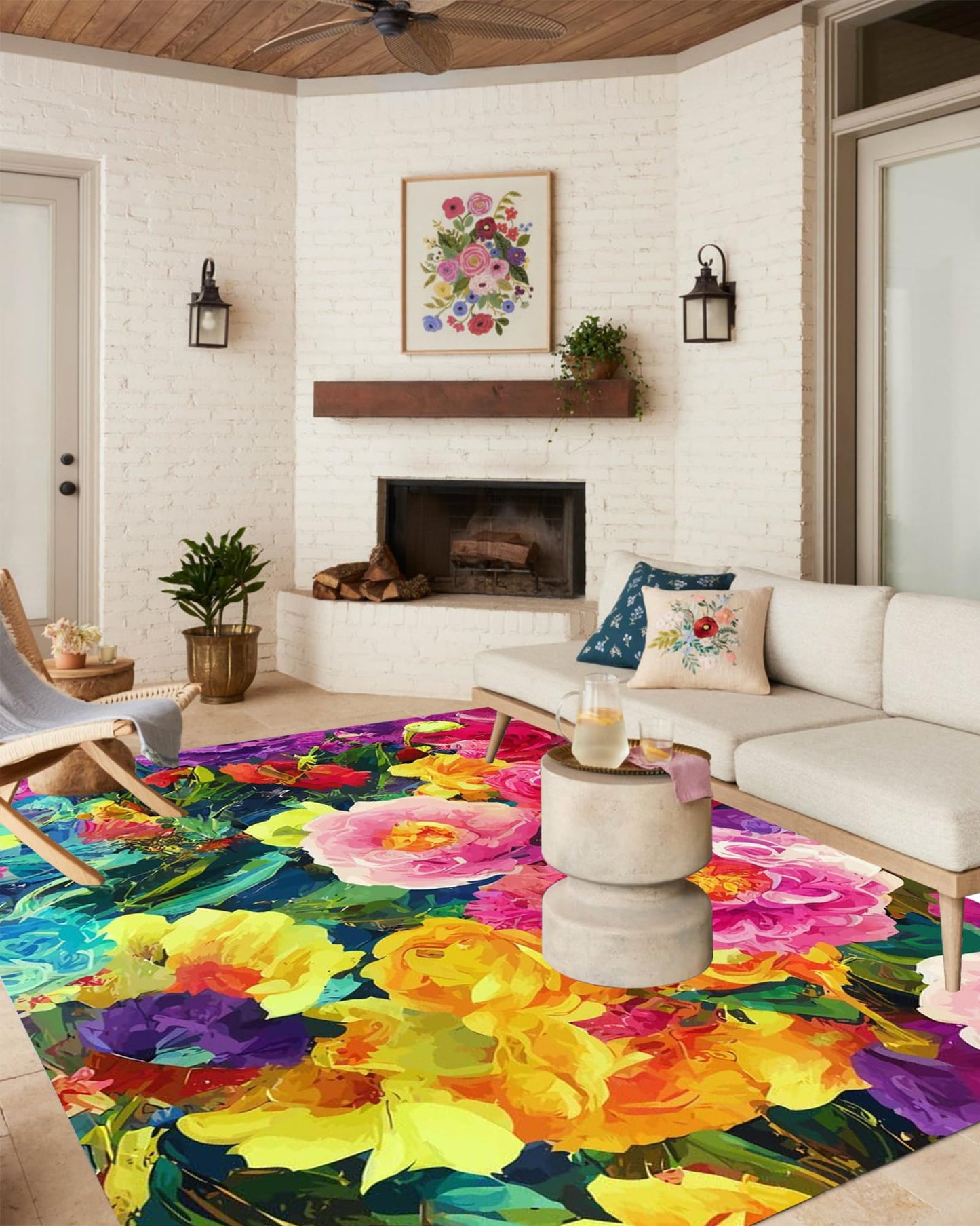 Vibrant Floral Yellow Green Outdoor Rug Modern Contempporary Art Deco Washable Area Rug for Patio Porch Deck Balcony Waterproof Durable Backyard Carpet Cute Garden Large Rugs 2x3