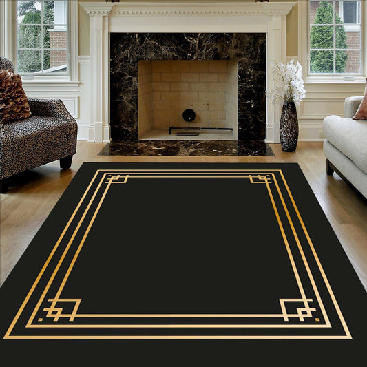 Minimalist Black Gold Lines Border Geometric Print Rug Contemporary Aesthetic Art Deco Area Rug for Living Room Diningroom Guestroom Large Washable Soft Faux Wool Carpet Lux Indoor Floor Mat 3x5