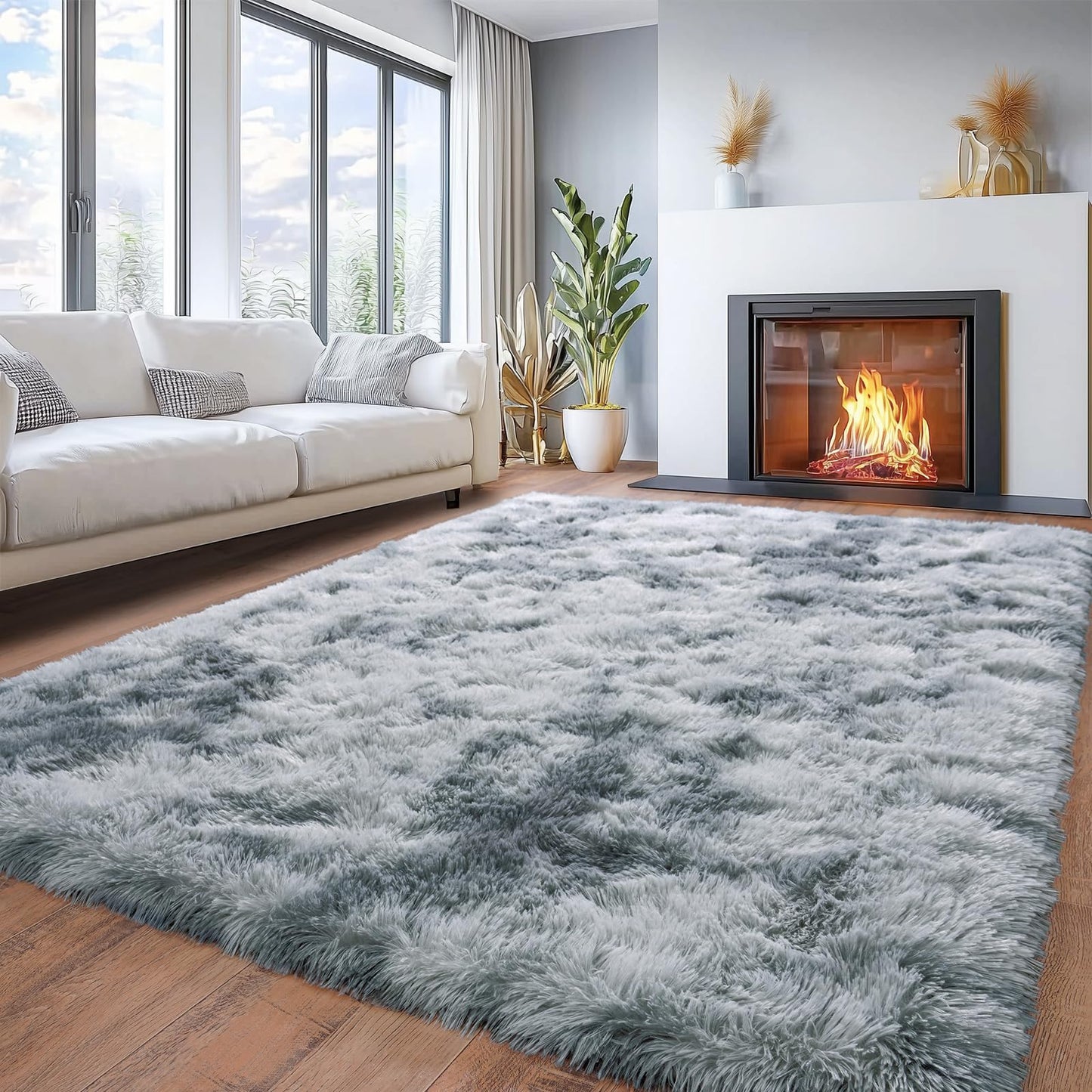 Area Rugs for Living Room 6x9, Ultra Soft Fluffy Rug for Bedroom, Modern Shaggy Carpet Fuzzy Rug for Girls Boys Room Home Indoor Nursery Teens Dorm Decor, Upgrade Non-Slip Durable, Tie-Dye Silver Grey