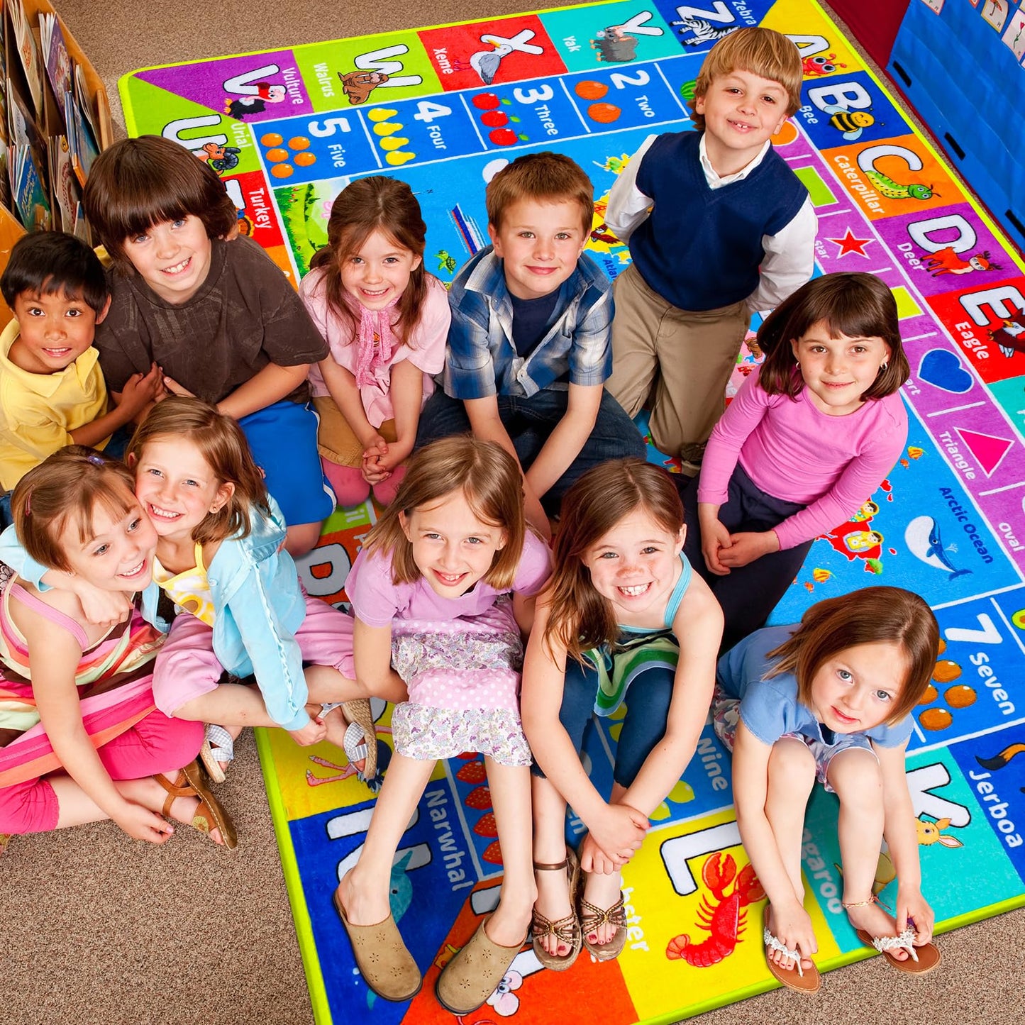 Large Educational Kids Learning Rug with World Map & ABC Alphabet, Interactive Geography Play Carpet for Preschool Classroom Nursery & Homeschool, Non-Slip Activity Rug, 6'7" x 9'2"
