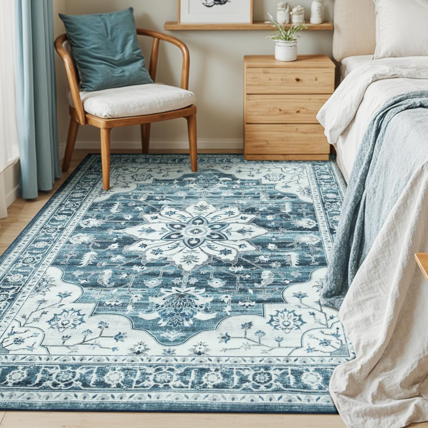 Vibrug 5x7 Coastal Blue White Area Rugs for Living Room - Vintage Boho Medallion Aesthetic Distressed Washable Rug, Soft Non-Slip Backing Low Pile Carpet for Office, Lounge, Bedroom Foot of Bed