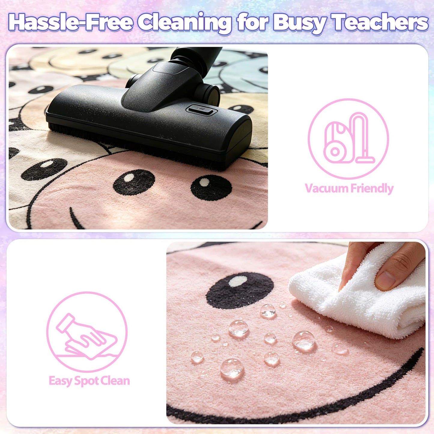 5' x 7' Composition Notebook Classroom Rug Pastel Smiley Face Seating Carpet for Kids, Washable Non-Slip Educational Area Rugs Large Soft Play Mat for Kindergarten Nursery Playroom Decor