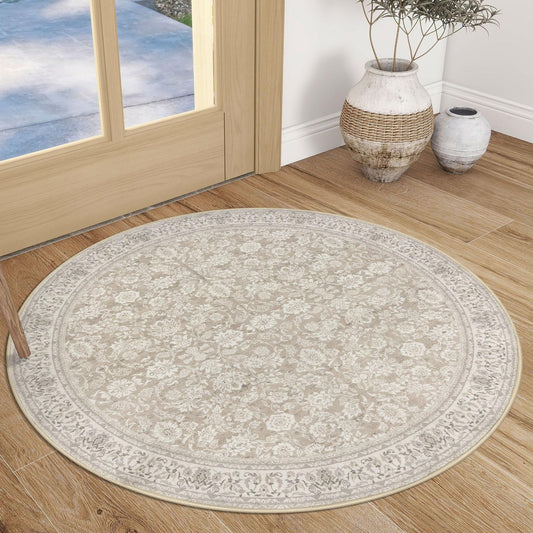 SIILOOM 3' Round Rug Washable Rug for Entryway, Cream Beige Yellow White Grey Soft Slip-Resistant Area Rugs Distressed Floral Low-Pile Carpet, Neutral Vintage Circle Rugs for Living Room Bedroom