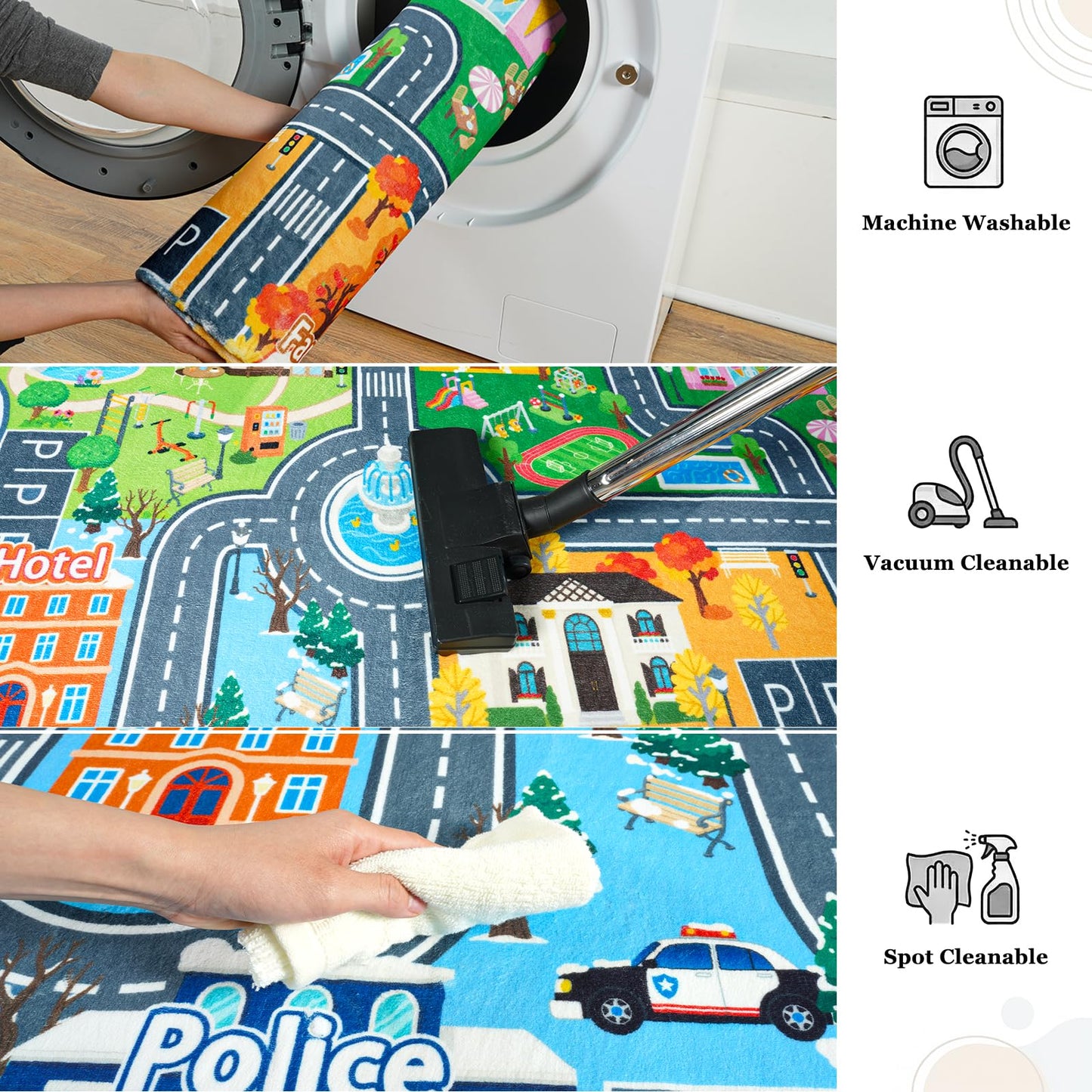 Car Rug Play Mat for Kids Toy Cars, 5' x 7' Town City Track Road Carpet, Non-Slip Machine Washable Town City Track Road Rugs Four Seasons Theme Traffic Mat for Kids Room Bedroom Game Safe Area