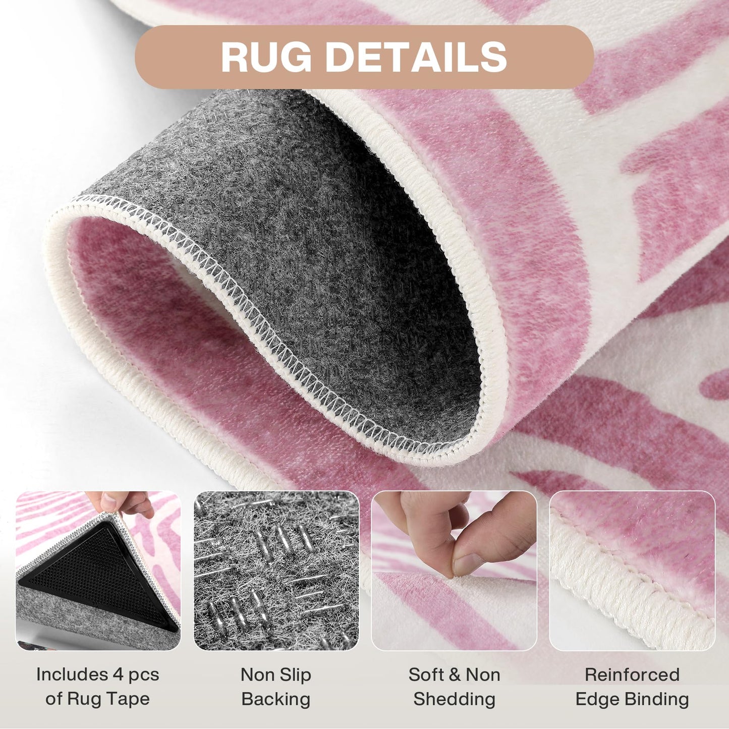 Tribesigns Pink Zebra Print 5x7 Area Rugs, Abstract Washable Rug, Modern Soft Non-Slip Rug for Girls Bedroom, Nursery, Living Room, Dorm and Kids Playroom, Boho Animal Striped Non-Shedding Carpet