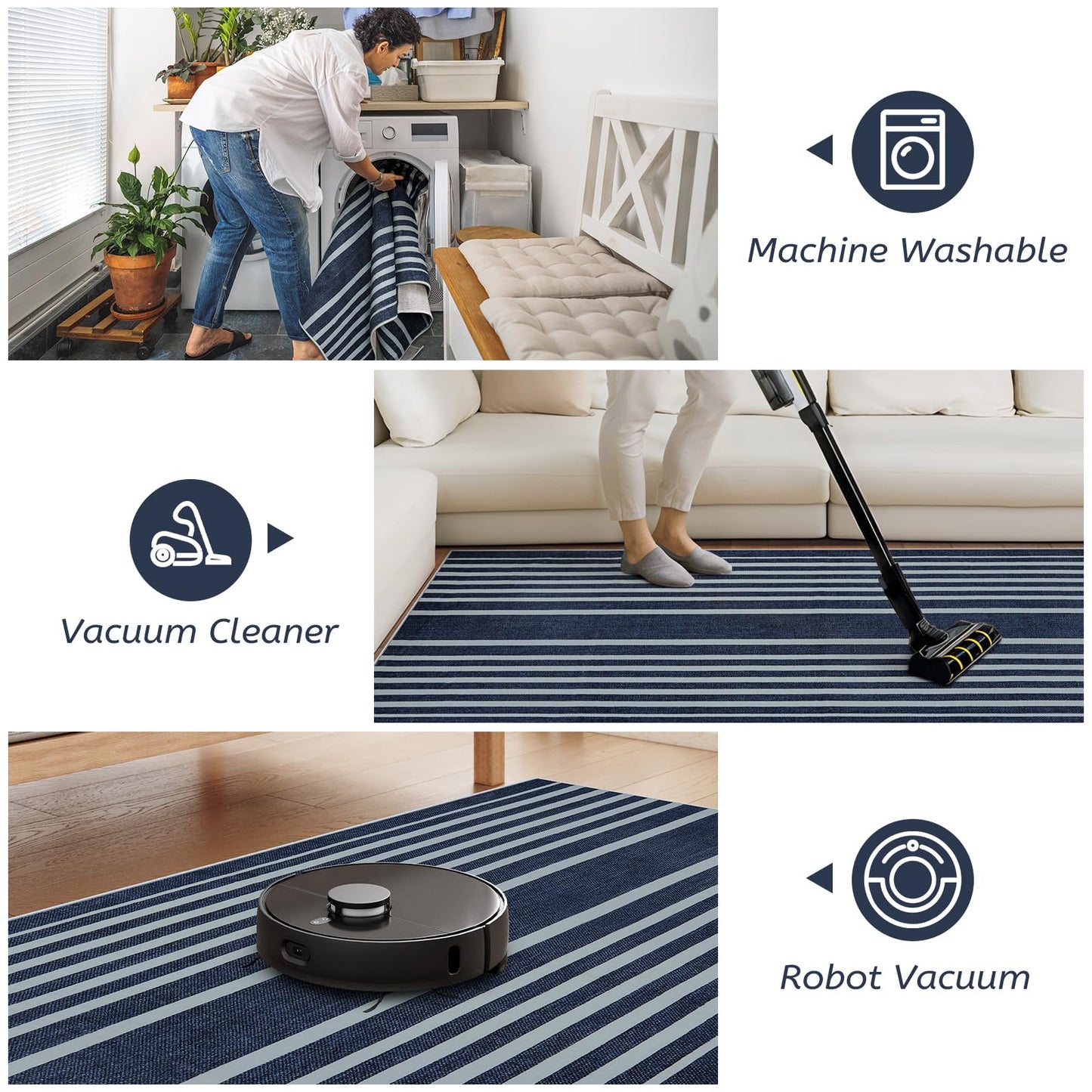 Beeiva Striped Blue Runners for Hallways, 2.5x8 Washable Bathroom Runner with Rubber Backed, Non Slip Soft Low Pile Indoor Floor Carpet for Kitchen Bedroom Porch High Traffic Areas