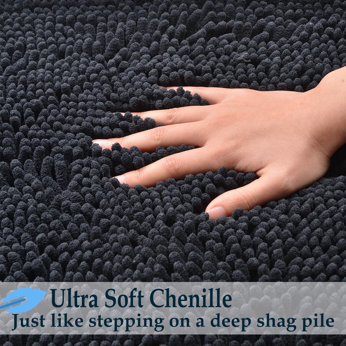Bathroom Rugs Sets 4 Piece, Extra Soft Absorbent Chenille Bath Rugs, Non Slip Rubber Backing Machine Washable Quick Dry Bath Mats for Bathroom Floor, Tub, Shower, Home Decor Accessories, Black
