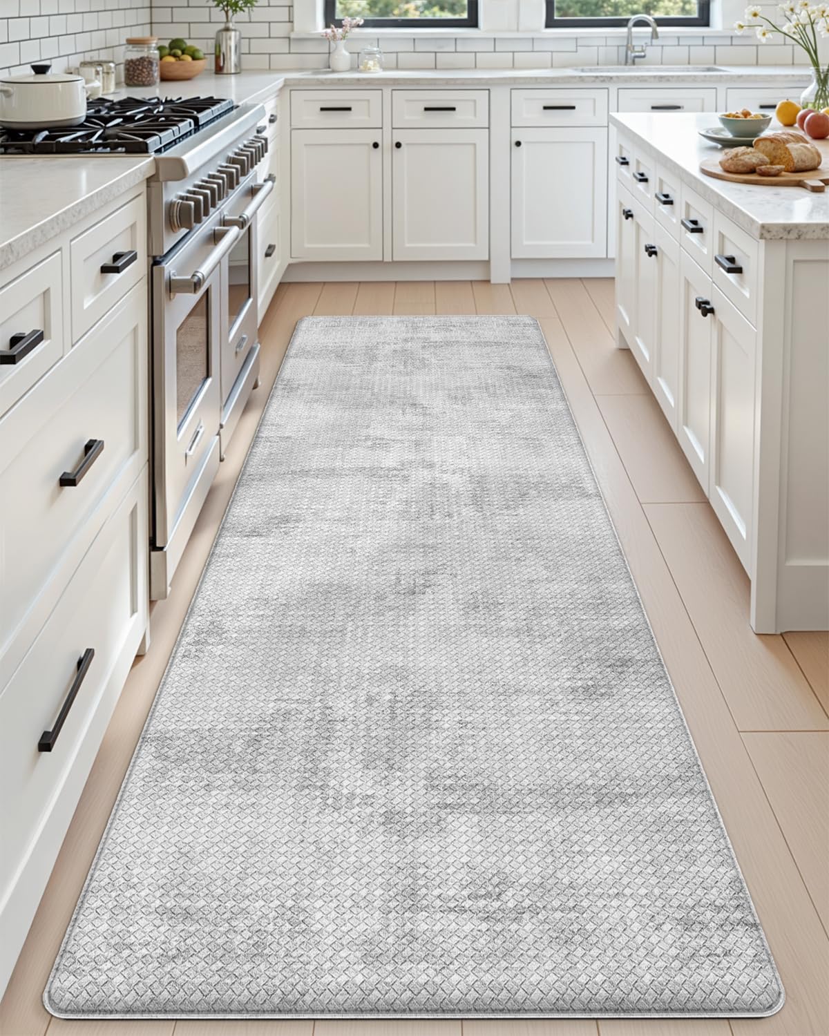 DEXI Kitchen Mats Cushioned Anti Fatigue, 23x86 Floor Padded Runner Rug Non Slip, Waterproof Standing Comfort Memory Foam for Front Sink Laundry, Light Grey