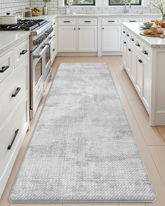 DEXI Kitchen Mats Cushioned Anti Fatigue, 23x86 Floor Padded Runner Rug Non Slip, Waterproof Standing Comfort Memory Foam for Front Sink Laundry, Light Grey