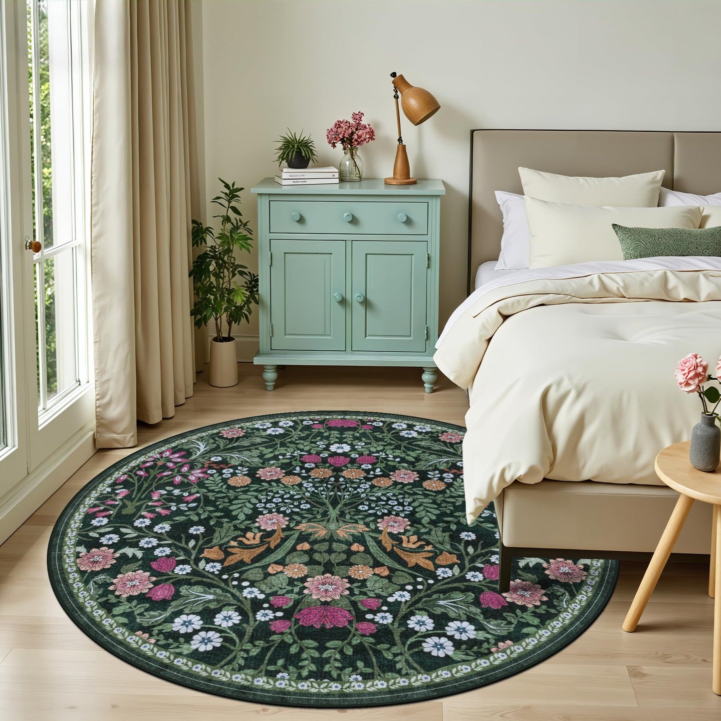 Round Area Rug for Living Room: 6 ft Floral Washable Circle Rug Soft Boho Non-Slip Carpet Indoor Stain Resistant Low Pile Small Circular Rug for Bedroom Entryway Kitchen Nursery Home Office Dark Green