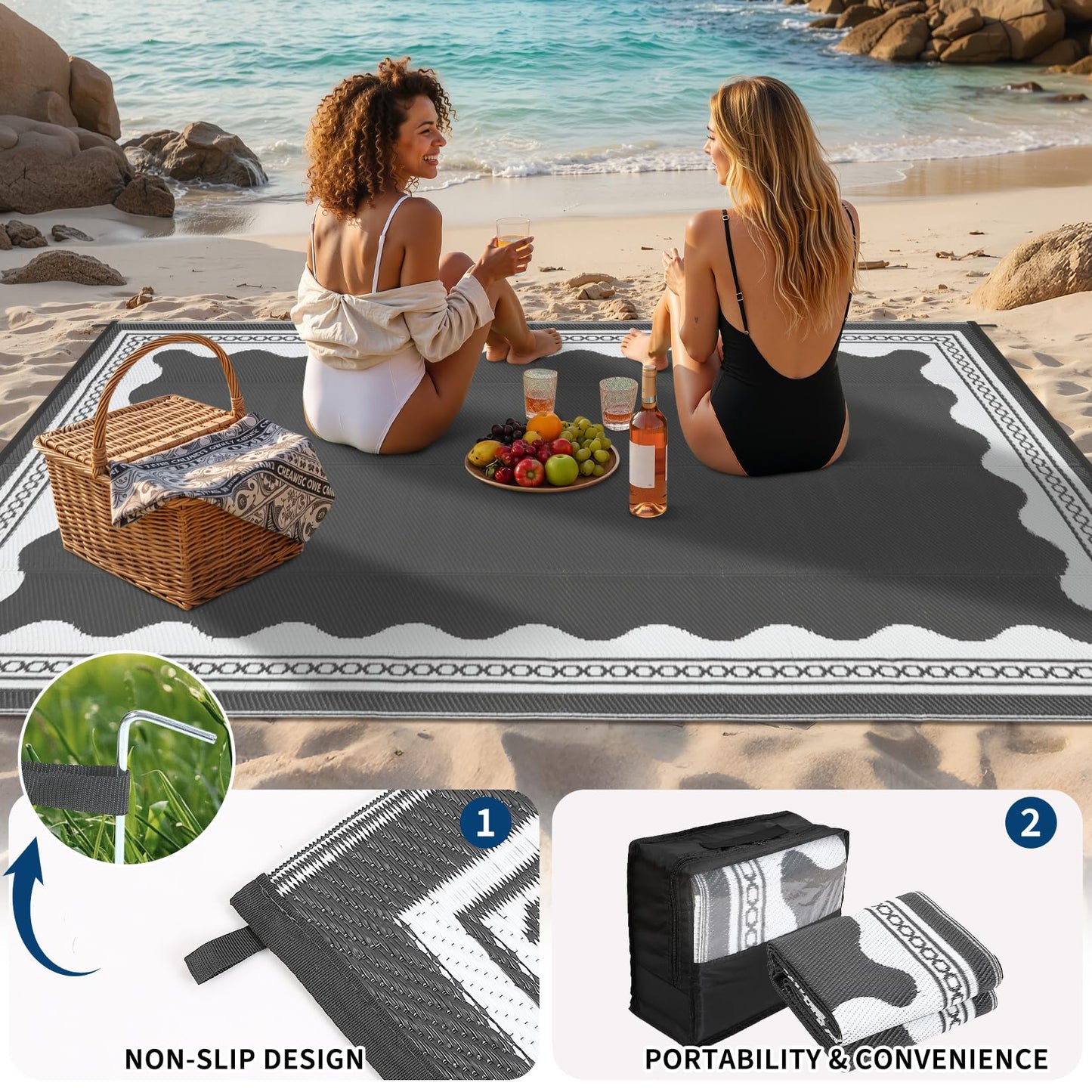 GarveeHome Outdoor Rug 10x14 Patio Waterproof, Reversible Plastic Straw Rugs for Camping, Picnic, Balcony, Porch, RV, Easy-Clean & Quick Dry Scalloped Pattern Large Indoor Outdoor Carpet, Grey