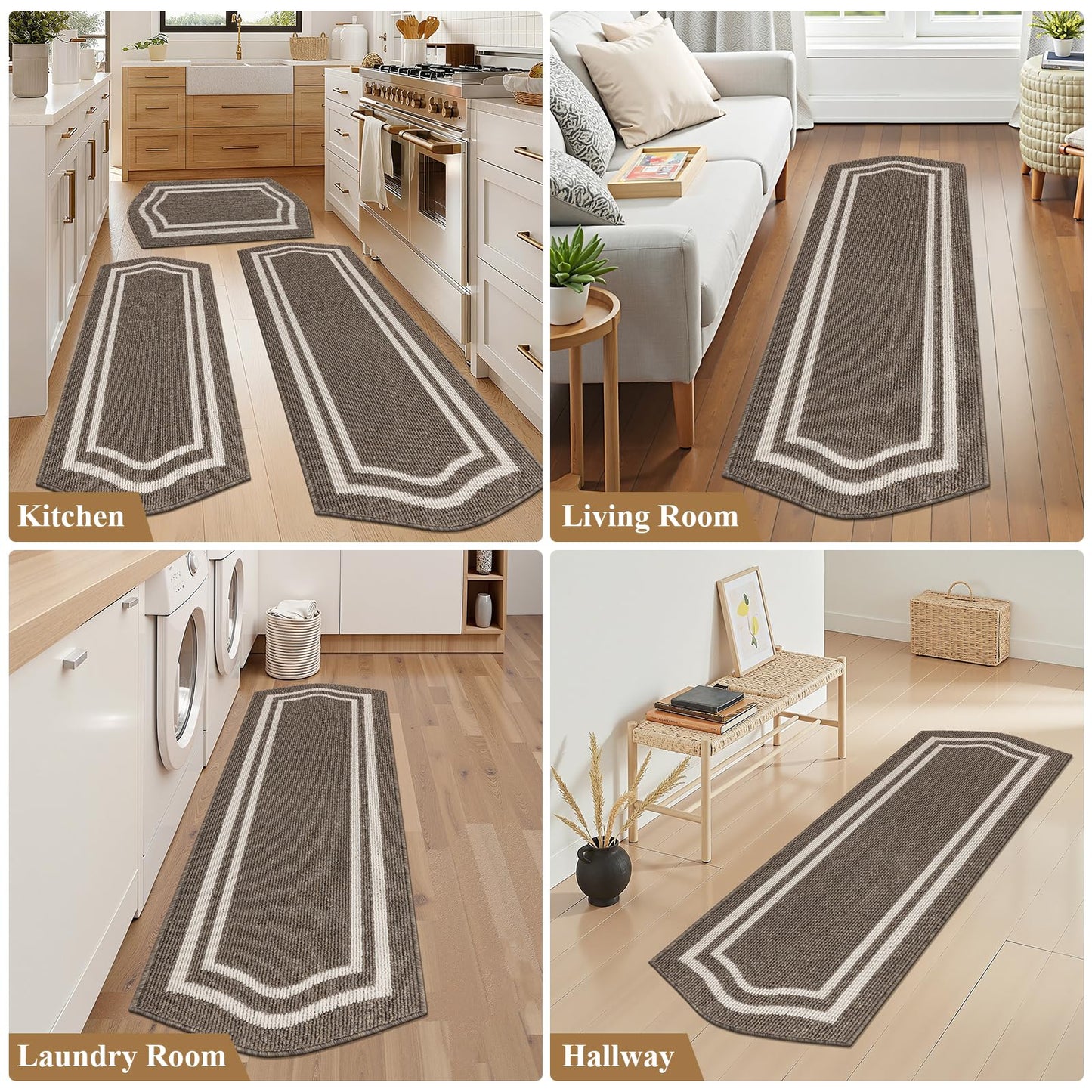 HEBE Farmhouse Kitchen Rugs Sets of 3 Non Slip Washable Boho Kitchen Rugs and Mats for Floor Kitchen Runner Rug Floor Carpet for Kitchen, Laundry, Hallways