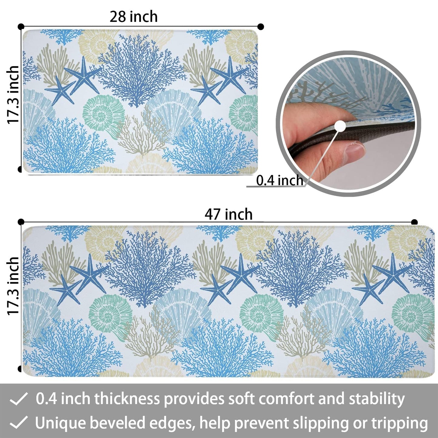 Tritard Coastal Beach Theme Kitchen Mats Rugs Set of 2 Anti Fatigue Kitchen Mats for Floor Memory Foam Cushioned Waterproof Non Slip Comfort Standing Mat for Sink Laundry, Blue, 17.3"x 28"+17.3"x 47"