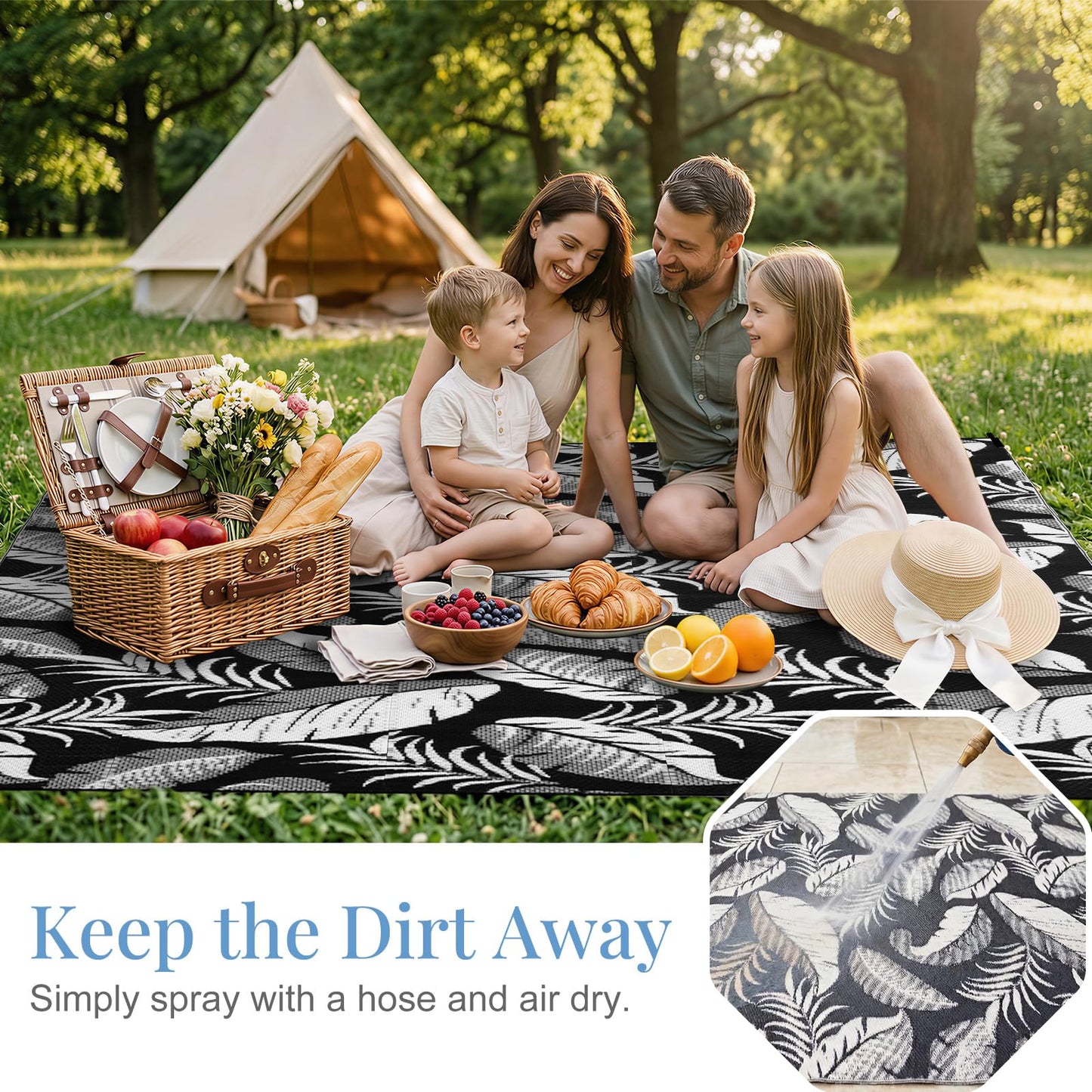 OPPODREAM Reversible Outdoor Rug 8x10, Waterproof Outdoor Plastic Straw Rug for Patio, Tropical Leaf RV Camping Rugs for Outside, Deck, Balcony, Porch, Backyard, Camping, Rv, Black and White