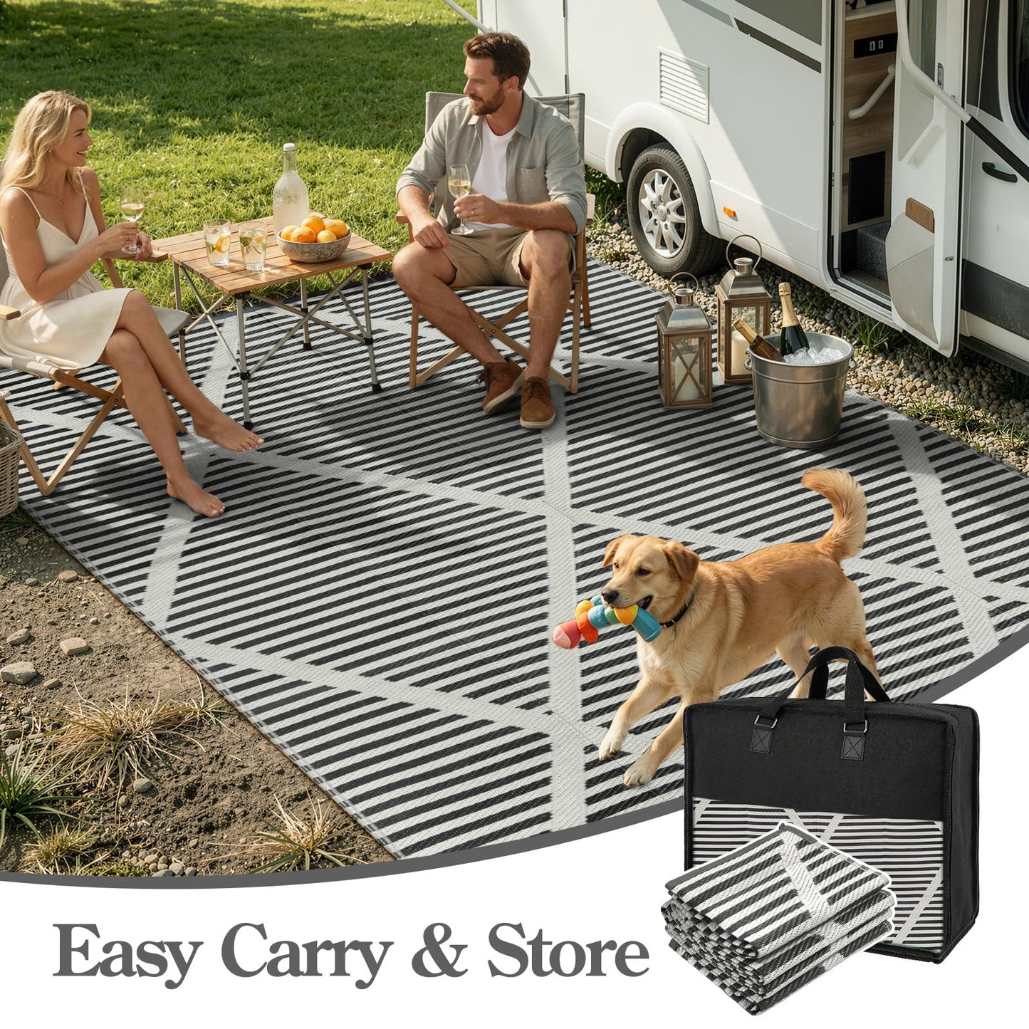 Wonnitar Outdoor Rug 6x9, Waterproof Reversible Plastic Straw Rug for Patio, Foldable Camping Mat with Carry Bag for RV, UV-Resistant Outside Rug for Deck, Balcony, Beach, Black & Grey