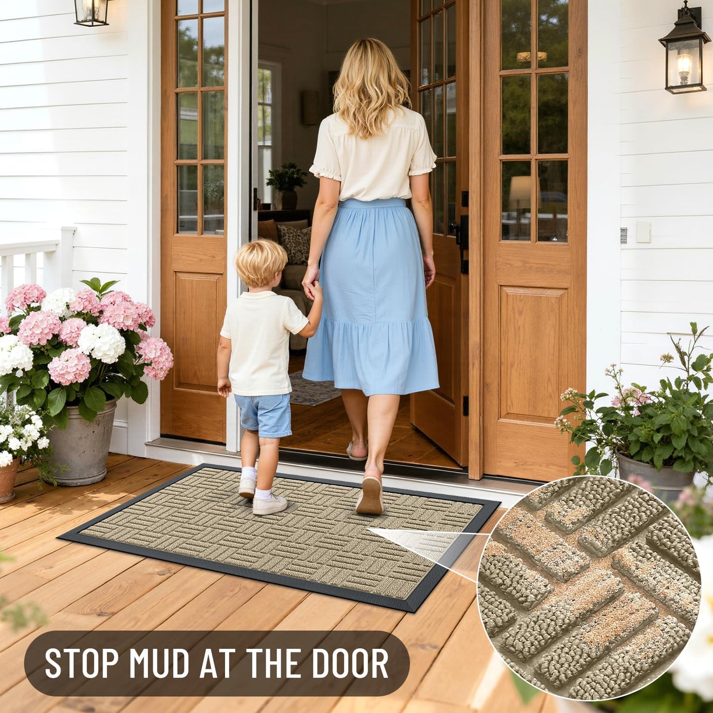 OLANLY Front Door Mat Outside Entrance 47x17, Absorbent, Heavy Duty Sturdy Natural Rubber Doormat Indoor Outdoor, Stain and Fade Resistant, Non-Slip Backing Low Profile Floor Mat for Entryway, Beige