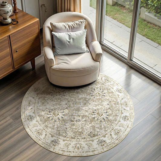 jinchan Fiora Round Rug 4ft Area Rugs Vintage Floral Distressed Design - Machine Washable Non-Slip Low-Pile Ultra-Thin Circle Rug for Entryway Bedside Living Room Dining Room Bedroom (4' Round, Taupe)