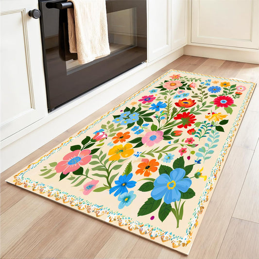 Qmkmyy Rustic Farmhouse Colored Flowers Print Area Rug Boho Floral Rugs for Home Kitchen Decor Non-Slip Ultra Thin Floor Door Mats,3x5ft