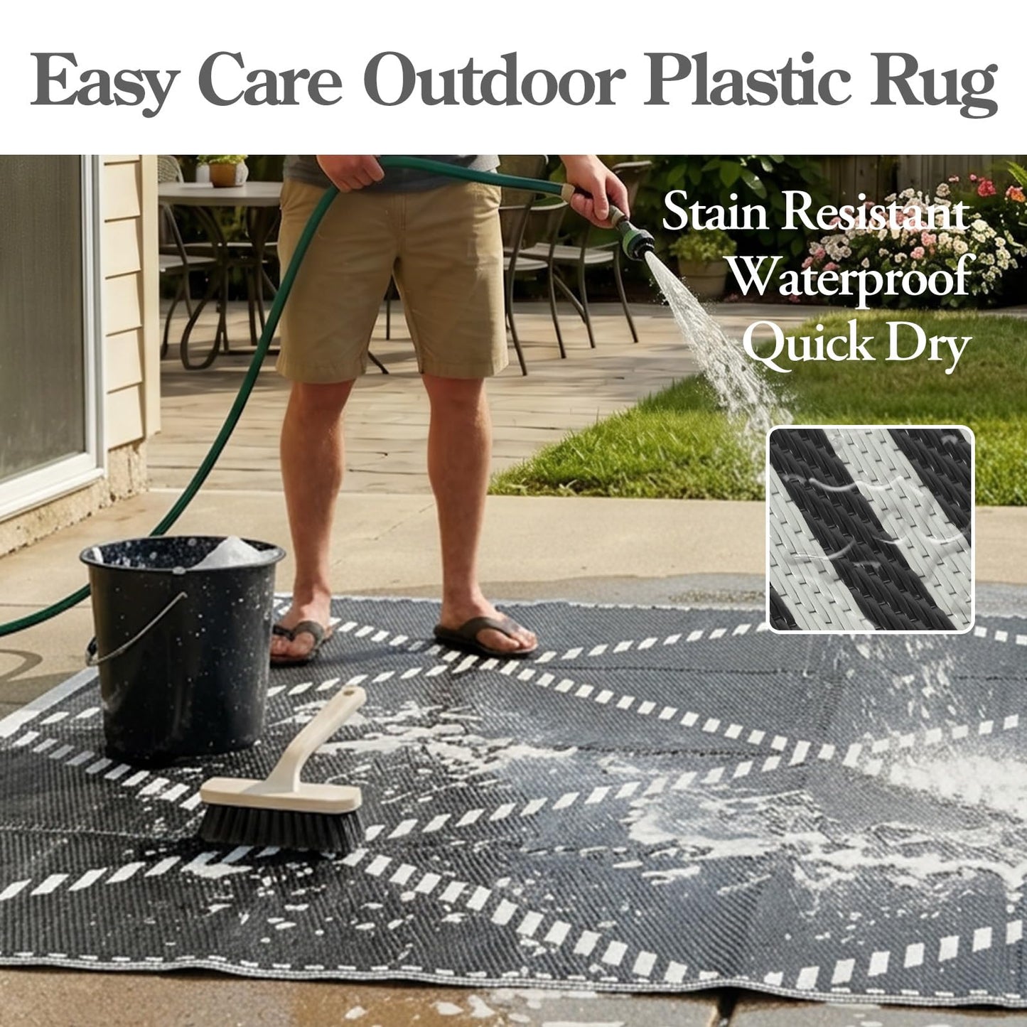 Wonnitar Outdoor Rug 6x9, Waterproof Reversible Plastic Straw Rug for Patio, Foldable Camping Mat with Carry Bag for RV, UV-Resistant Outside Rug for Deck, Balcony, Beach, Black & White