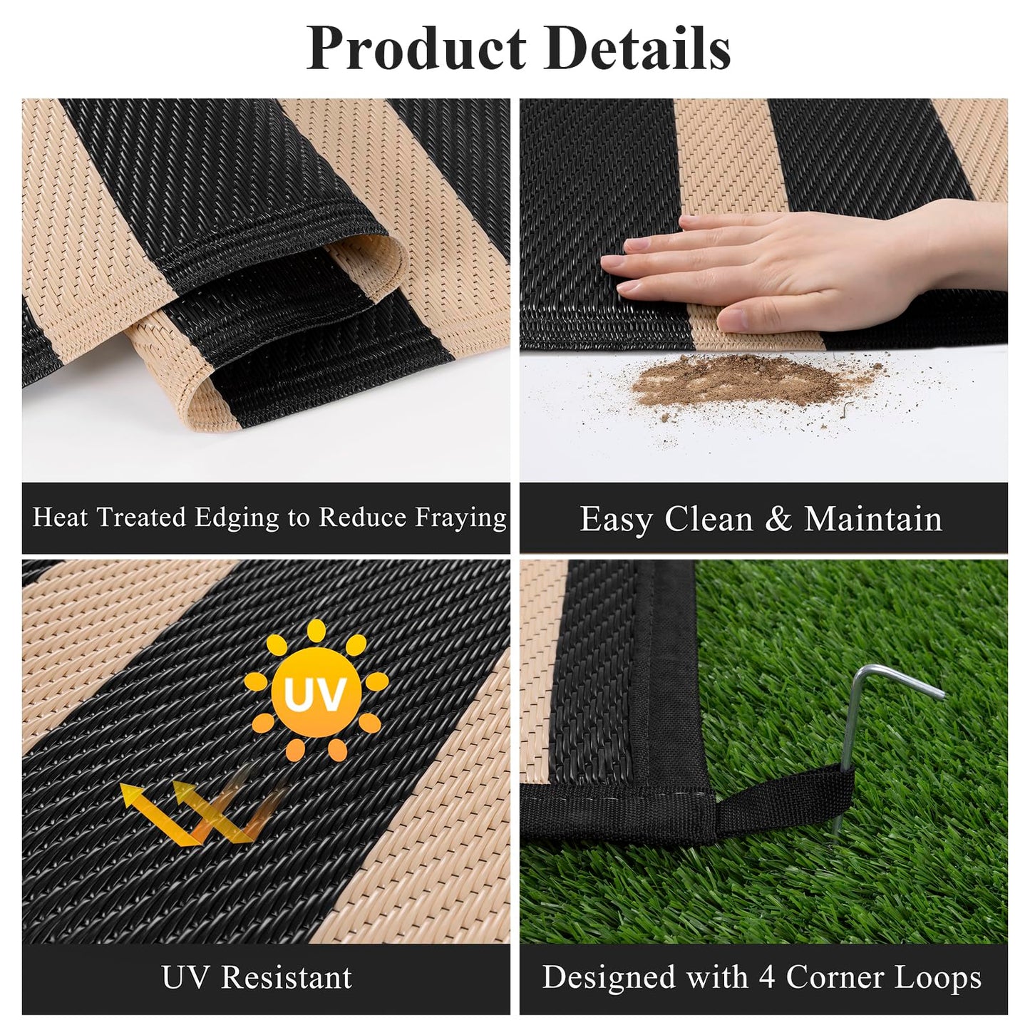 Vaukki Waterproof Outdoor Rug 5x8, Reversible Striped Patio Rug, Lightweight Plastic Straw Camping Mat, Indoor Outdoor RV Carpet for Outsides, Patio, Camping, Balcony, RV and Deck, Black and Beige