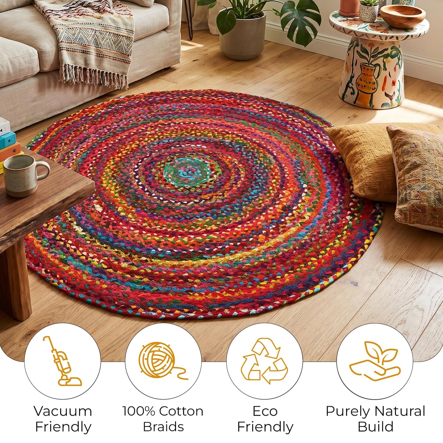 GRUHUM Cotton Area Rug 5ft-Natural Fiber Round Multicolour Handmade Boho Charm Farmhouse Soft Braided Rustic Vintage for Living Room Bedroom Indoor EcoFriendly Kitchen Enterways Hallways(5'ft Round)