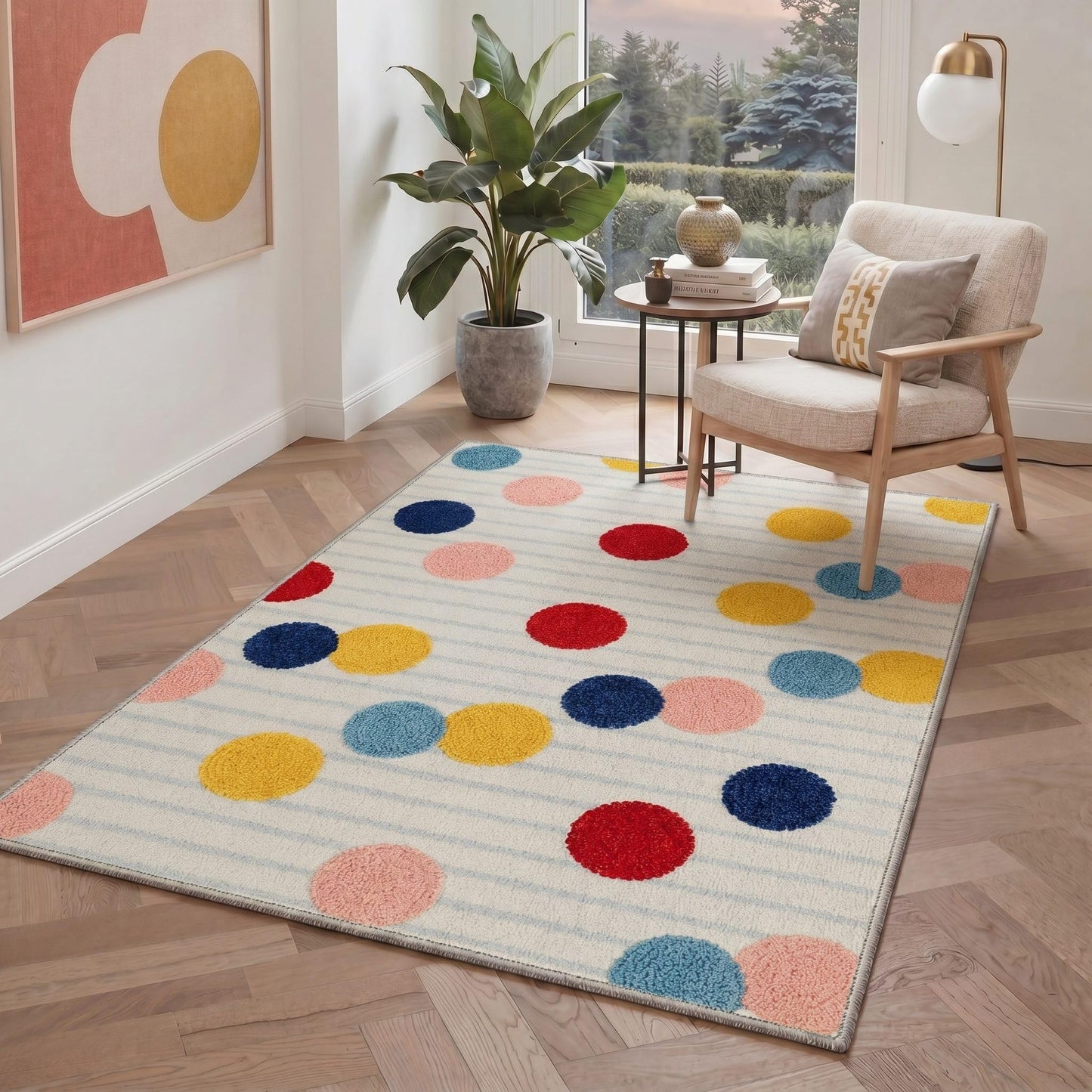 BEIMO 5X7 Area Rugs Minimalist Polka Dots Rug, Low Pile Non Slip Machine Washable Indoor Rug for Living Room Bedroom Dining Room Home Office, OffWhite