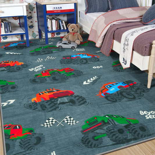 STARUIA 5x7 Washable Car Rugs for Boys Room, Large Cool Race Truck Kids Rug for Bedroom, Soft Boys Play Rug Construction Carpet for Kids Room Playroom Living Room（Grey