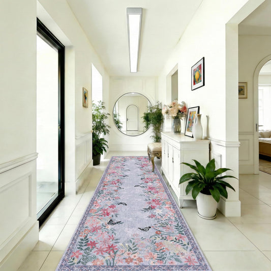 Purple 3x12 Runner Rug for Hallways Bed Side Kitchen, Boho Washable Low-Pile Floor Entryway Long Bathroom Mat, Non-Slip Laundry Room Washstand Front Carpet 36x144 Inch