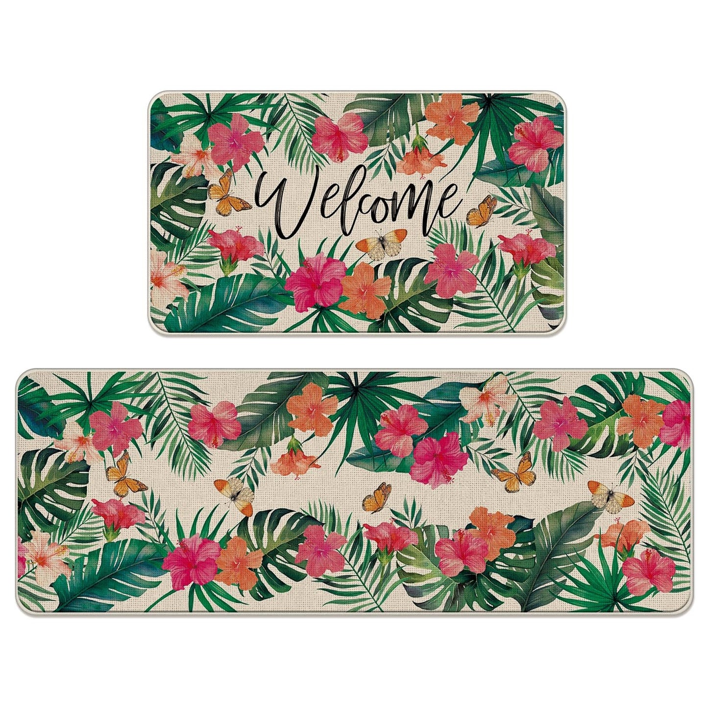 Livcoz Welcome Spring Summer Tropical Plants Kitchen Rugs Set of 2, Hibiscus Flower Palm Leaves Butterfly Floor Mats Home Decor, Floral Botanical Door Mat Decorations - 17x29 and 17x47 Inches