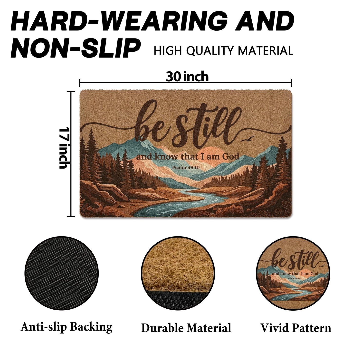 Dwept Christian Mountain Landscape Door Mat, Be Still and Know that I am God Bible Verse Religious Faux Coir Doormat Welcome Mats Outdoor Indoor Entrance Front Door Porch Entryway, 17x30 Inches