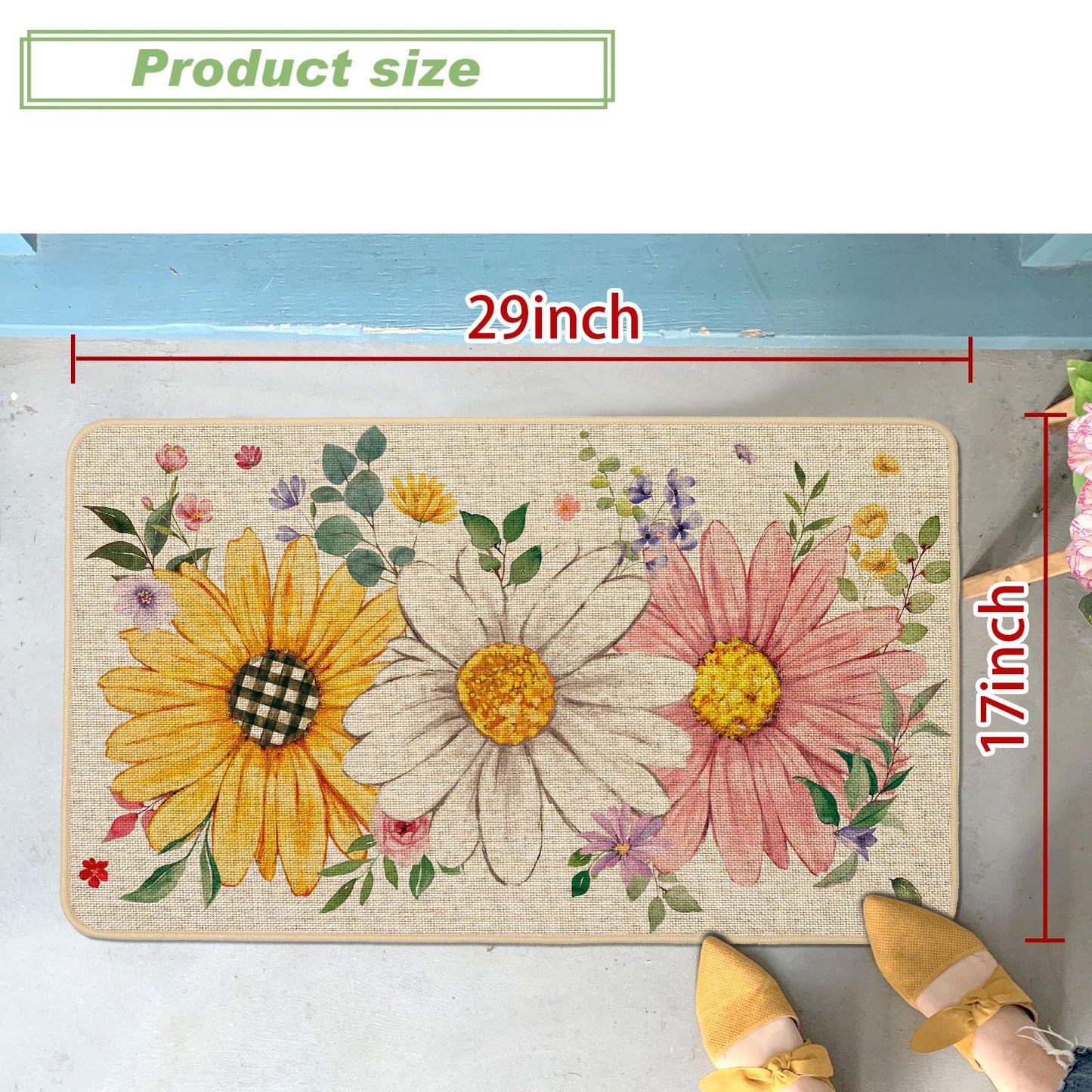 Baccessor Spring Summer Floral Doormat Outdoor Outside, Sunflower Daisy Flowers Door Mat Low-Profile Non-Slip Rubber Backing Entrance Front Seasonal Holiday Decoration 17x29 Inch