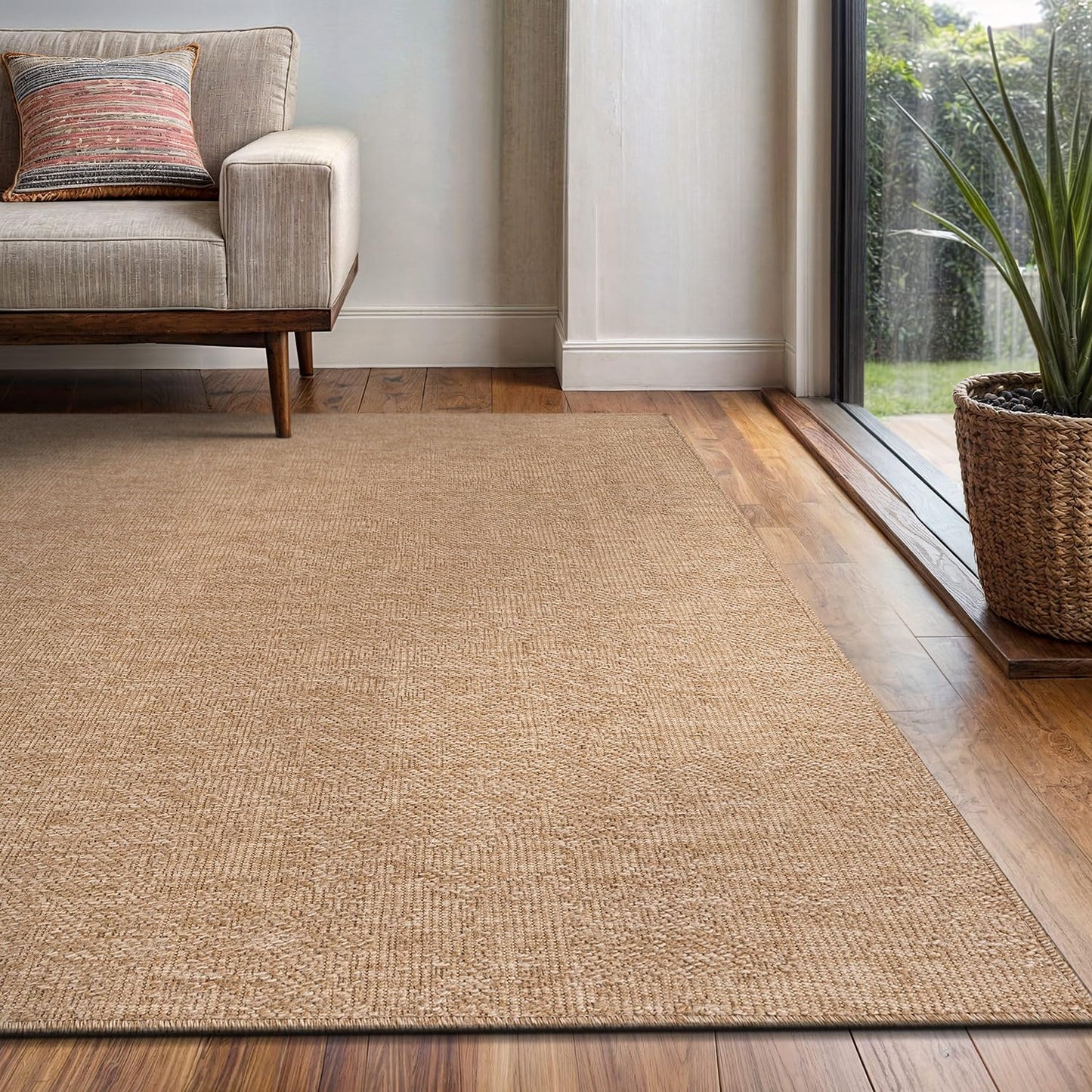 Washable Easy Jute Rug 5x7, Indoor Outdoor Rugs Natural Color Farmhouse Area Rugs for Living Room, Kitchen, High Traffic Area, Easy to Clean Solid Boho Woven Design Outside Carpet (5 X 7 Natural)