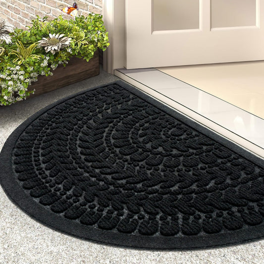 RORA Half Circle Door Mat Front Door Mat Outside Entrance Black Welcome Mats Indoor Outdoor Semicircular Doormat for Outdoor Half Round Door Mats for Garage Muddy Paws 17”x30”