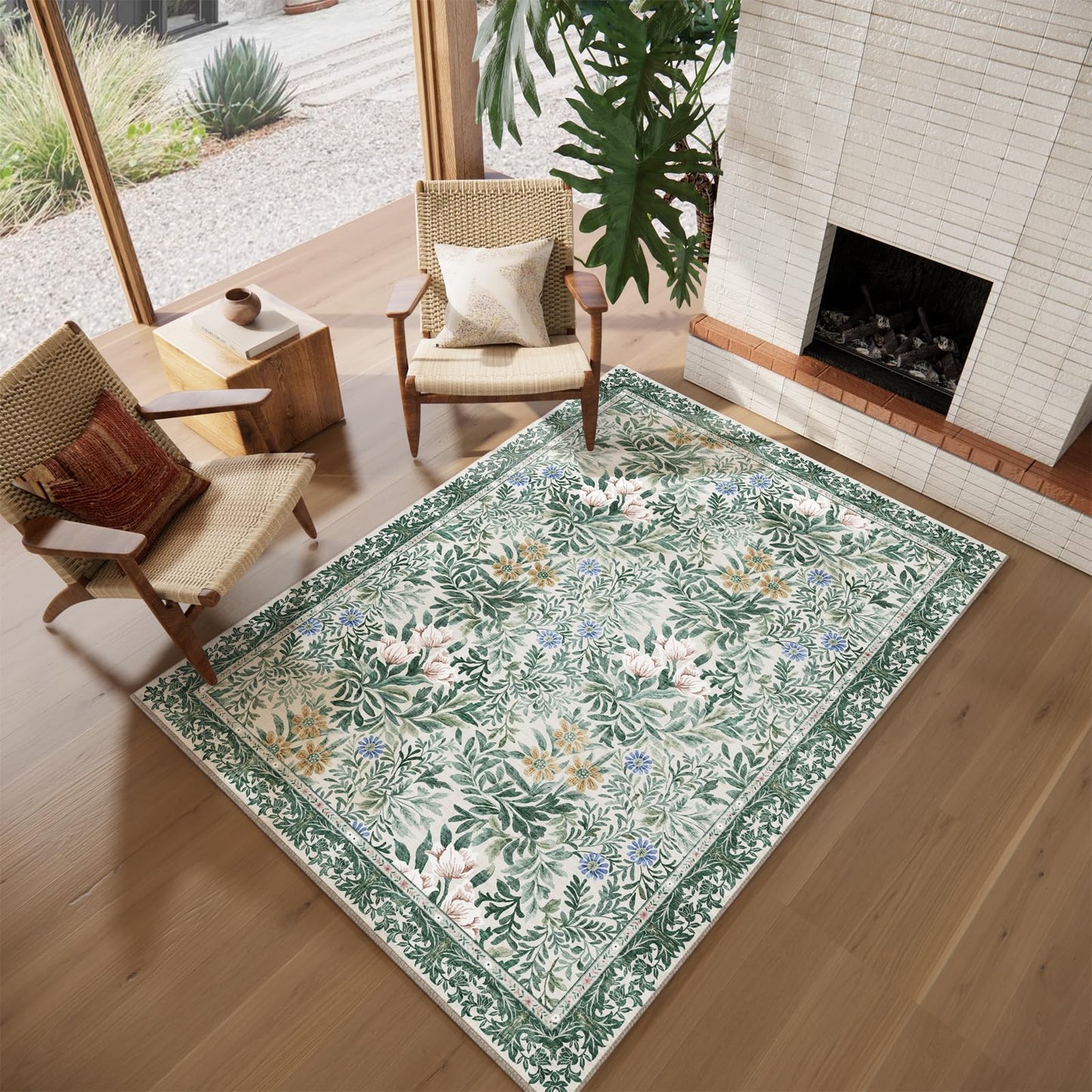 Baksham Botanical Floral Area Rug 5x7 Light Green Cream Vintage Garden Design, Perfect for Living Room, Bedroom, Kids Room, Nursery - Stain & Water Resistant Non-Slip, Pet & Child Friendly Area Rugs