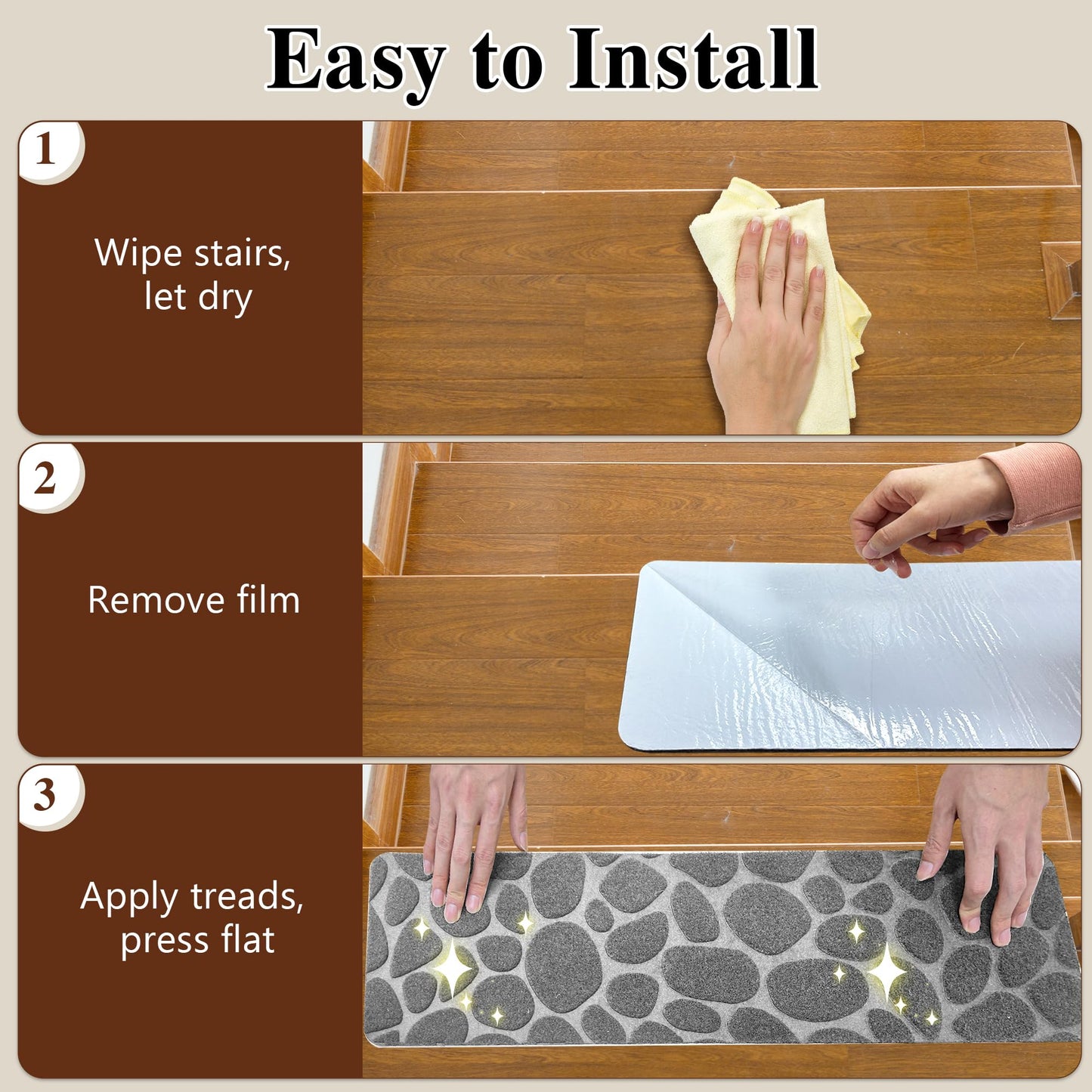 Self Adhesive Residue Free Machine Washable Reusable Stair Treads Non Slip Steps - 100% Polyester Heavyduty TPE Backing Wooden Stair Runner Indoor - 15 Pack 30"X8" Anti Slip Mats - Stone Grey