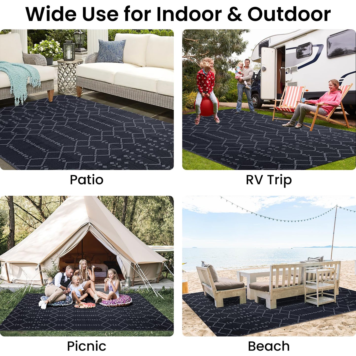 Smiry Outdoor Rug 5x8 ft, Waterproof Reversible Plastic Straw Rugs, Boho Outdoor Area Rug, Outside Floor Mat for Patio, Backyard, Deck, Picnic, Beach, Camping, Dark Grey