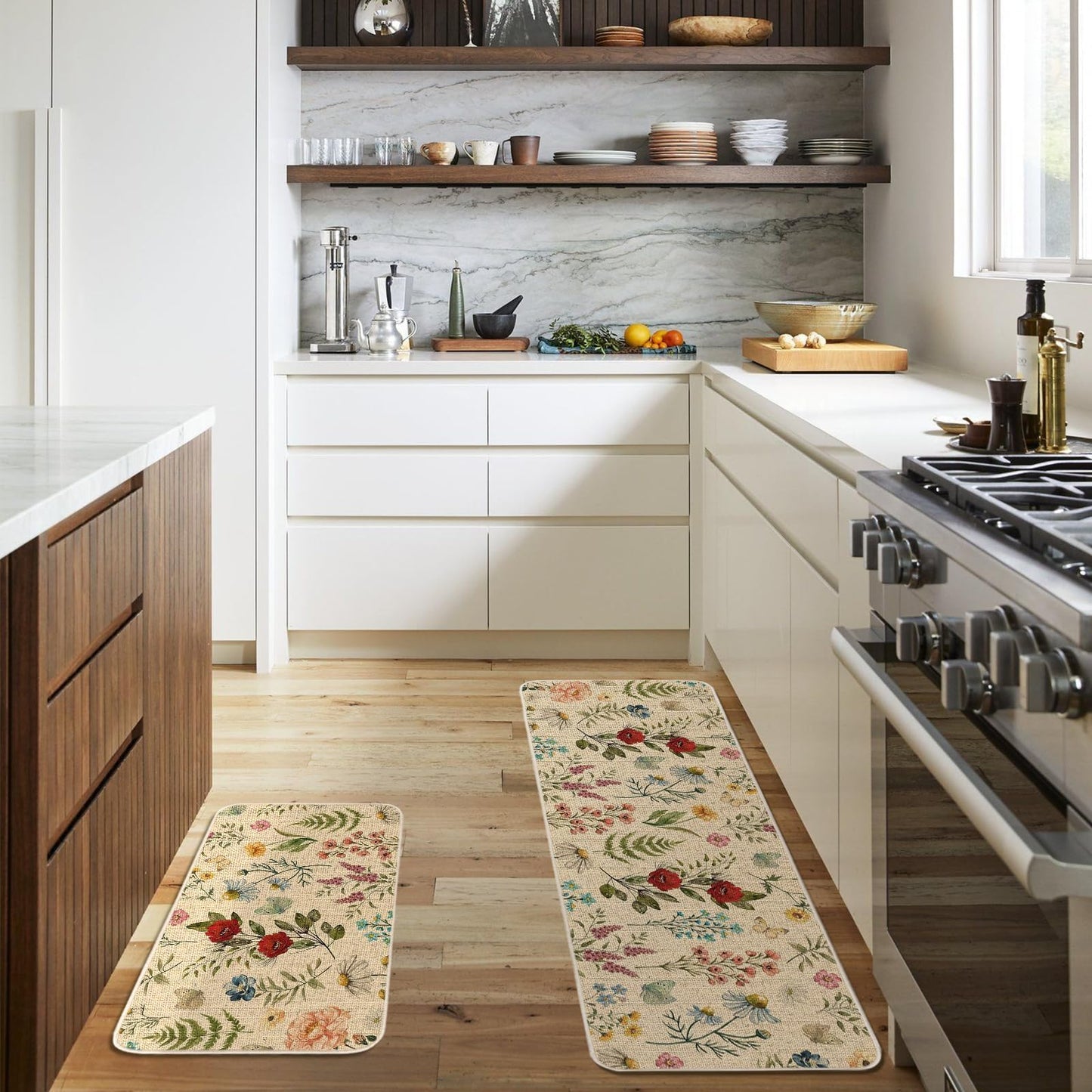 Moutina Wildflower Floral Kitchen Rugs Set of 2, Spring Summer Home Decor Low-Profile Kitchen Mats for Floor - 17x29 and 17x47 Inch