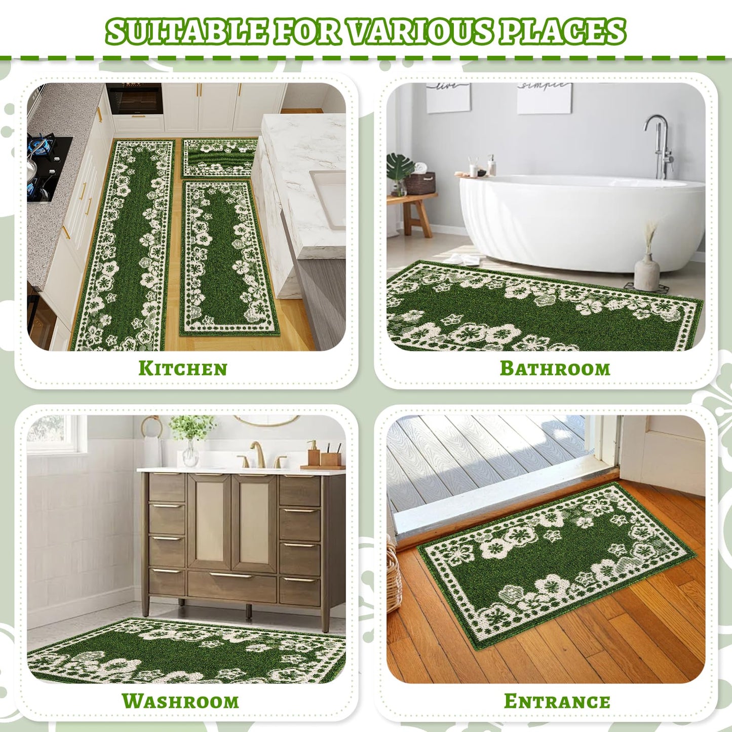 Kitchen Rugs Set of 3, Japanese Cherry Blossom Kitchen Mats for Floor Nylon TPR Non-Slip Washable Sink & Standing Mats Absorbent Resist Dirt Kitchen Runner Floral Rug (Green, 20"x59"+20"x47"+20"x32")