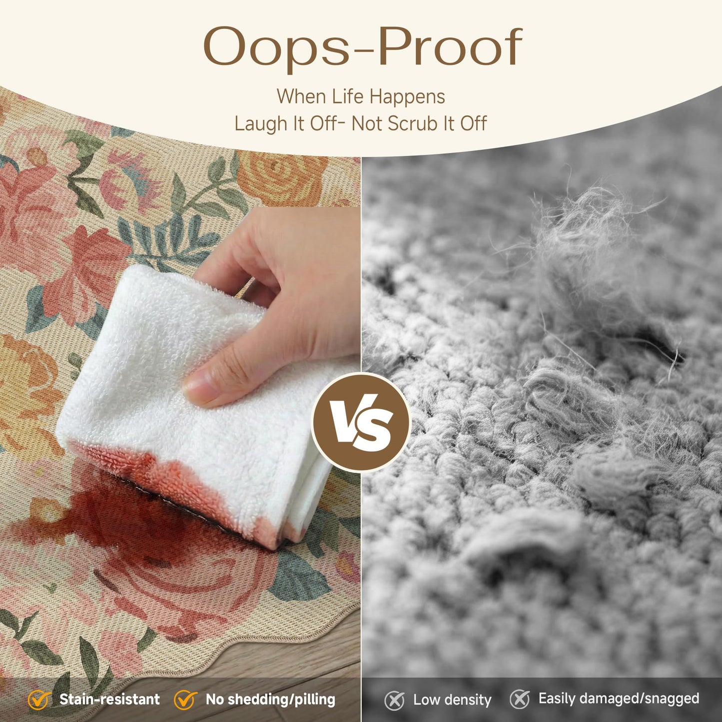 PureCozy Floral Easy Jute Rug 5x7 Beige Washable Living Room Carpet Scalloped Non Slip Indoor Office Farmhouse Non Shedding Herringbone Floor Cover for Bedroom Dining Room