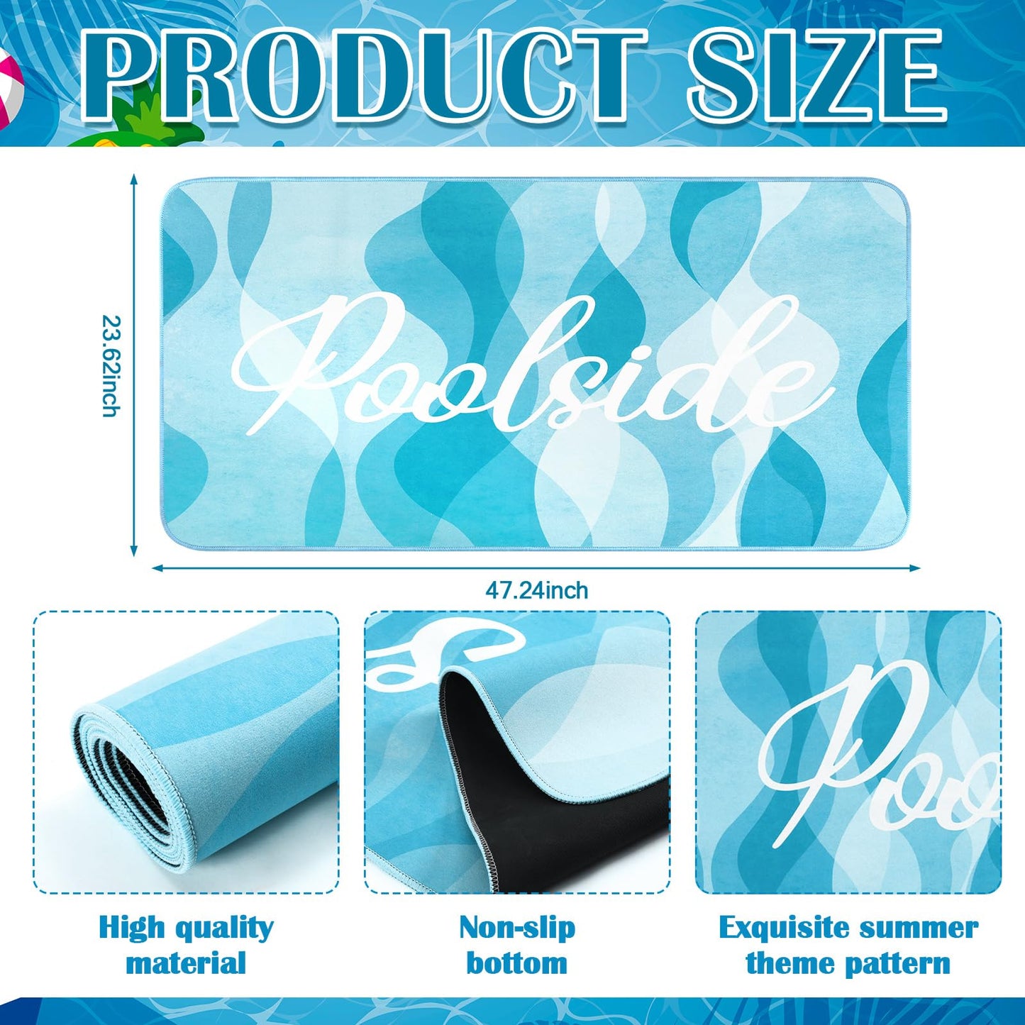 Jenaai 24" X 48" Poolside Mat Outdoor Rug, Non Slip Waterproof Rubber Mat for Deck, Edge of Pool, Patio, Beach, Summer Outside Swimming Decorative (Waves)