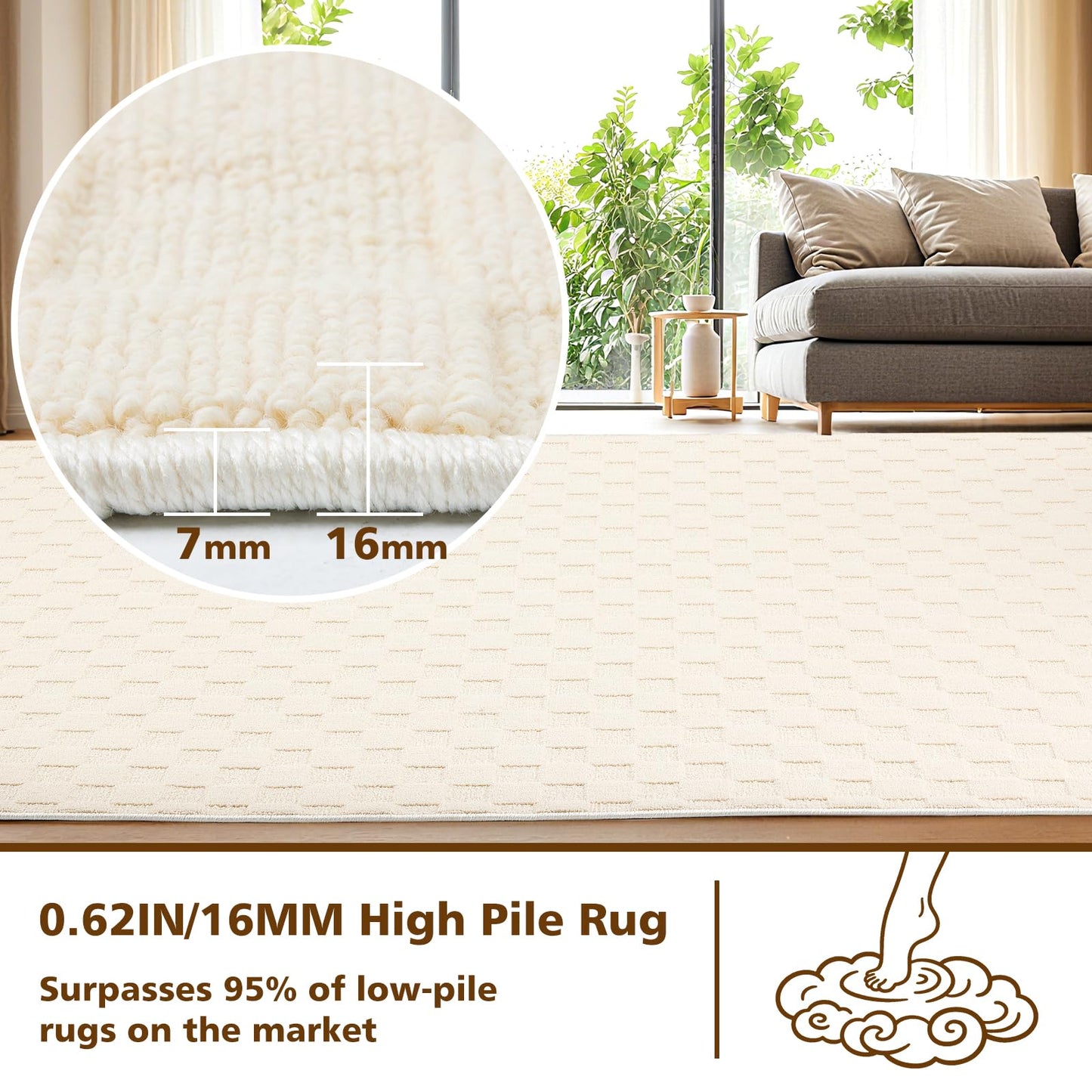 ANSSO Wool Rugs 8x10 for Living Room,80% Merino Wool and 20% Cotton Soft Tufted Area Rug with Cotton Non-Slip Backing,Large Area Rug for Bedroom Bedroom, Dining and Home Office (Cream)