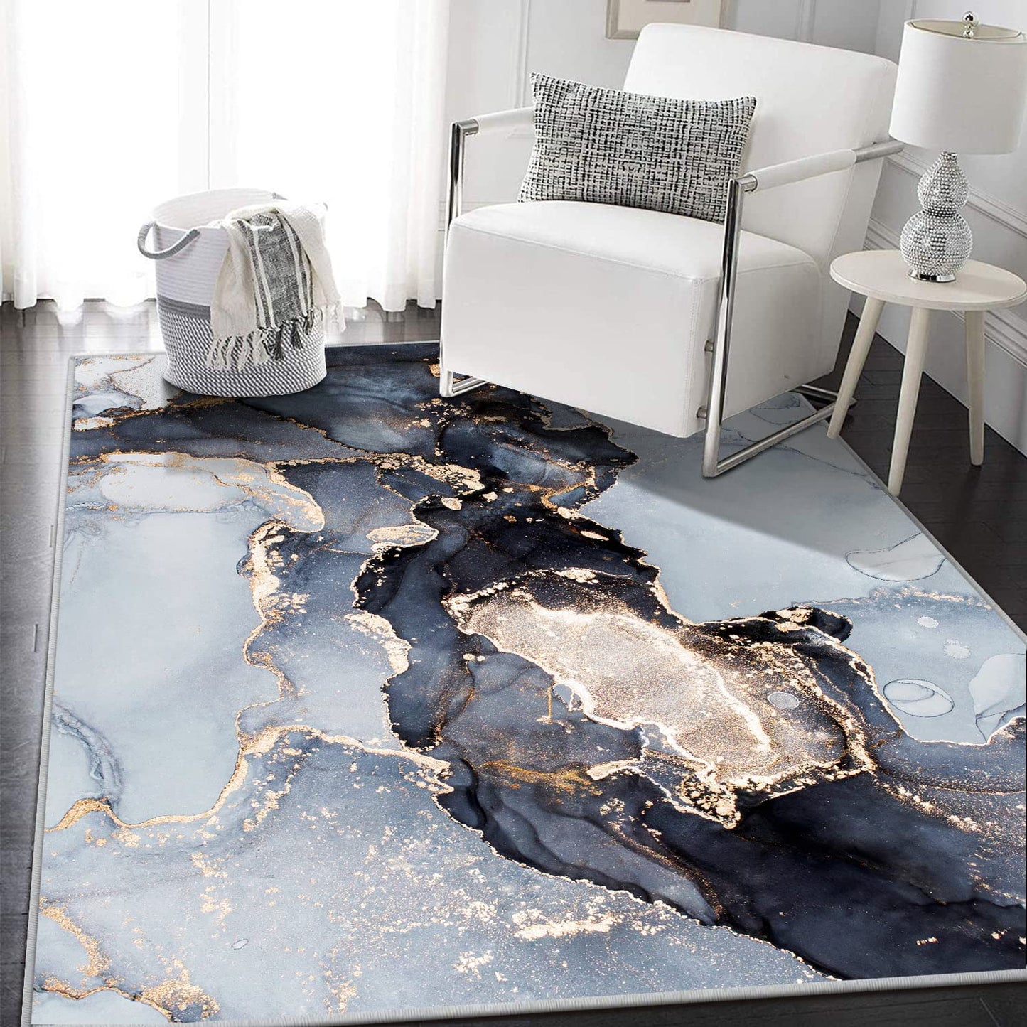 Modern Abstract Collection Area Rug - 3' x 5' Washable Entryway Rug Non-Slip Luxury Marble Texture Area Rug for Bedroom Dining Room Home Office Decor Under Kitchen (Blue/Gold)