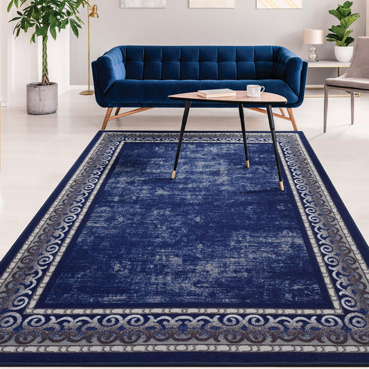 Antep Rugs Alfombras Bordered Modern 8x10 Non-Slip (Non-Skid) Low Pile Rubber Backing Indoor Area Rug (Navy, 7'10" x 10')