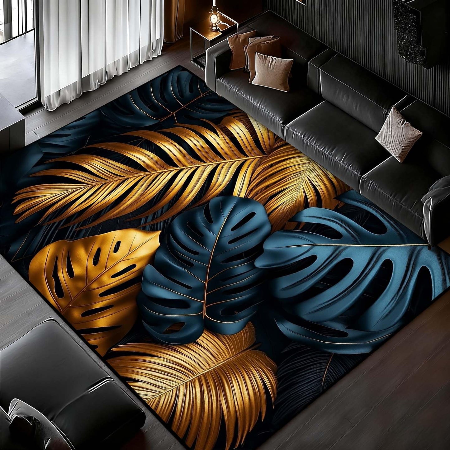 Black Gold Tropical Plant Area Rug, Luxury Botanical Palm Leaf Rug, Monstera & Palm Leaf Rugs, Washable Non-Slip Soft Low Pile Modern Luxury Leaves Carpet for Living Room (4' x 6'(Rectangular))